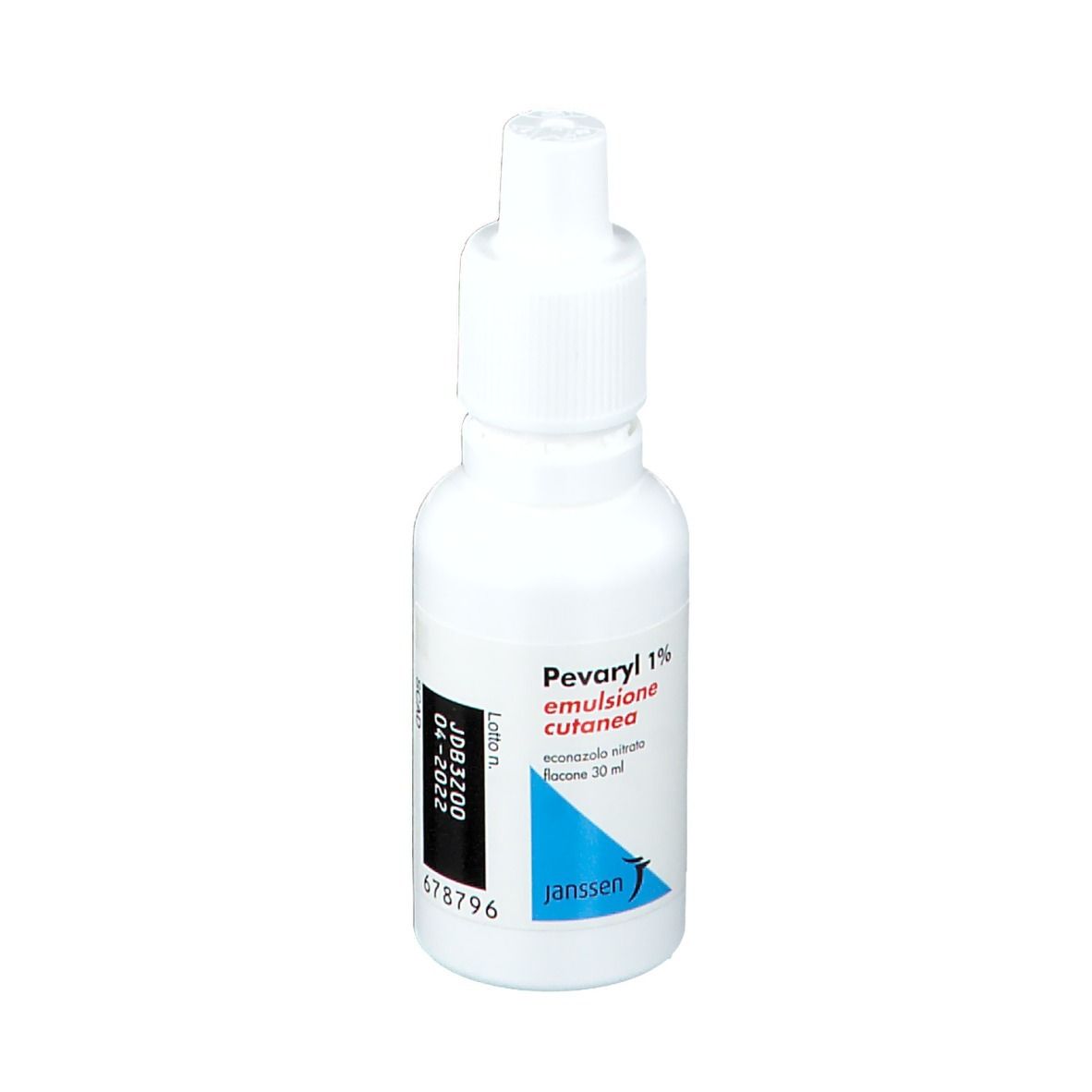 Flacone bianco Pevaryl 1% Emulsione Cutanea. Con etichetta e scadenza.