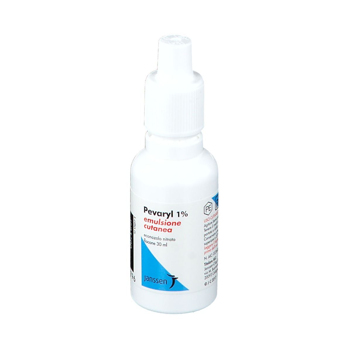 Flacone bianco Pevaryl 1% Emulsione Cutanea. Con etichetta e testo.