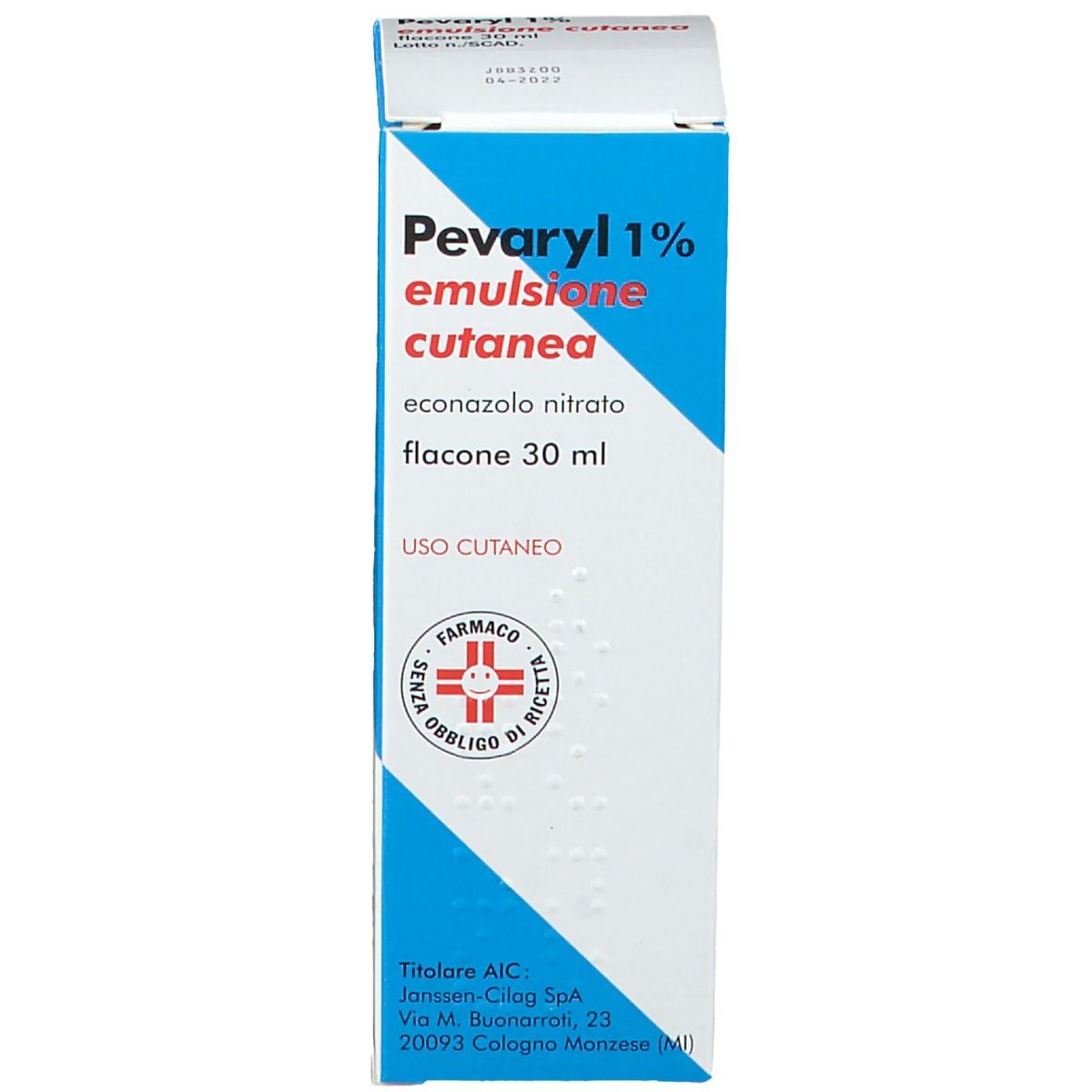 Confezione Pevaryl 1% Emulsione Cutanea. Su sfondo bianco.