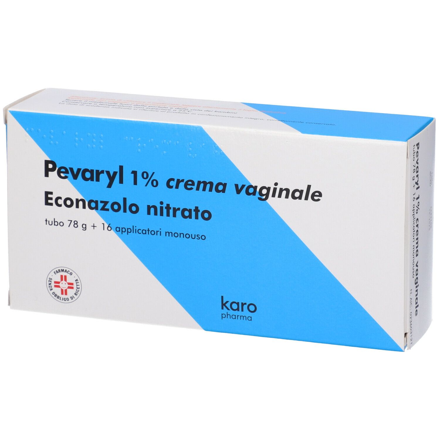 Scatola PEVARYL 1% crema vaginale. Confezione bianca e blu. Testo: Econazolo nitrato, tubo 78 g + 16 applicatori monouso. Logo Karo Pharma.