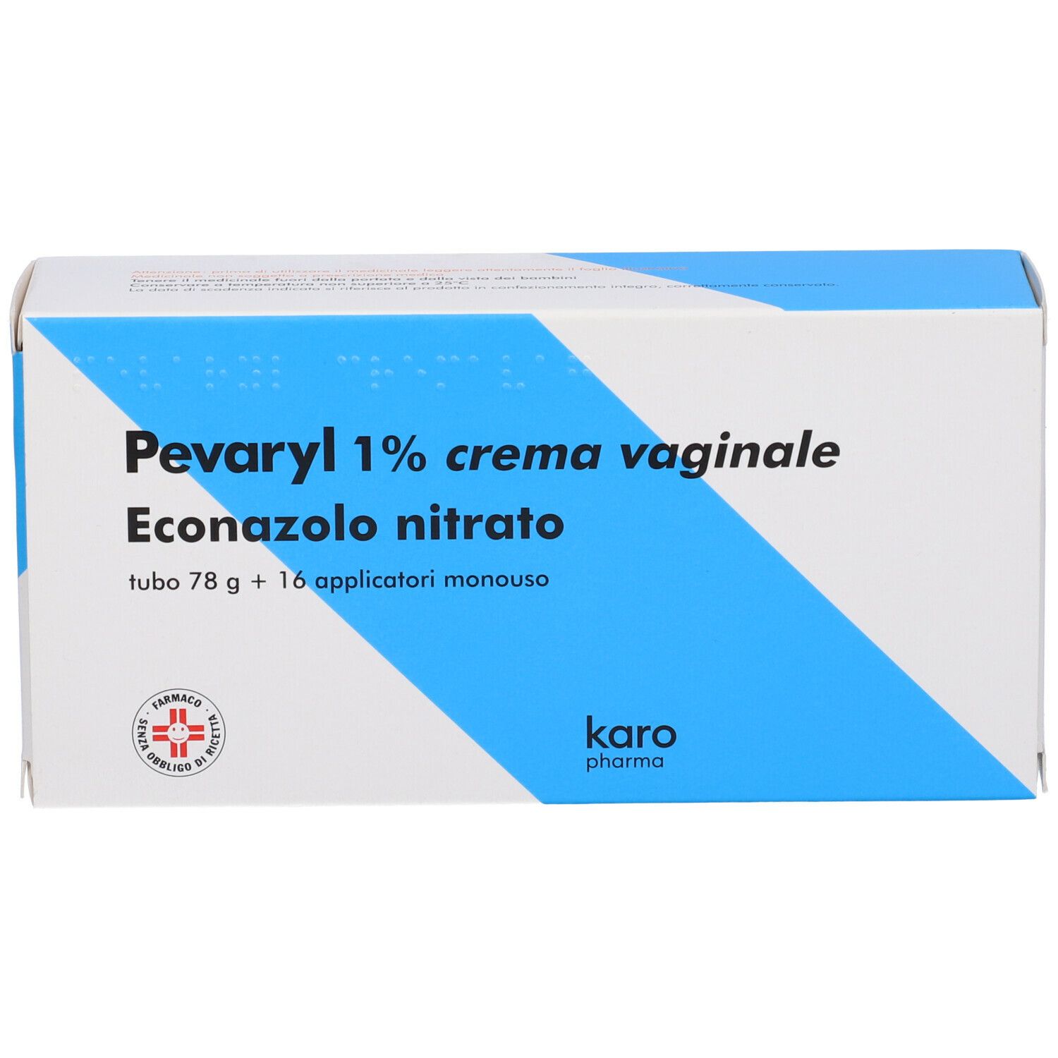 Scatola PEVARYL 1% crema vaginale. Confezione bianca e blu. Testo: Econazolo nitrato, tubo 78 g + 16 applicatori monouso. Logo Karo Pharma.