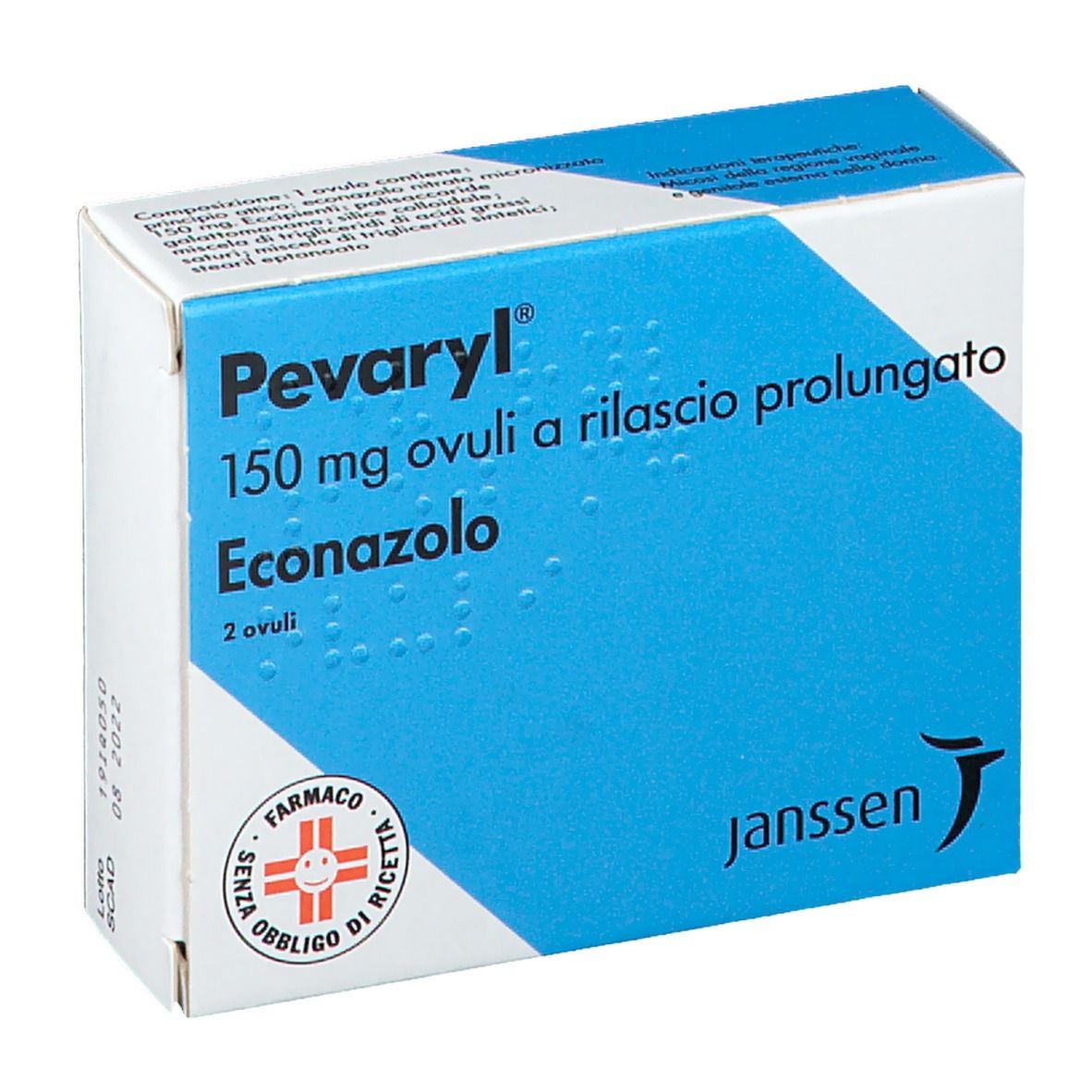 Scatola blu e bianca con nome del prodotto e informazioni. Scritto: Pevaryl 150 mg ovuli a rilascio prolungato, 2 ovuli, Econazolo.