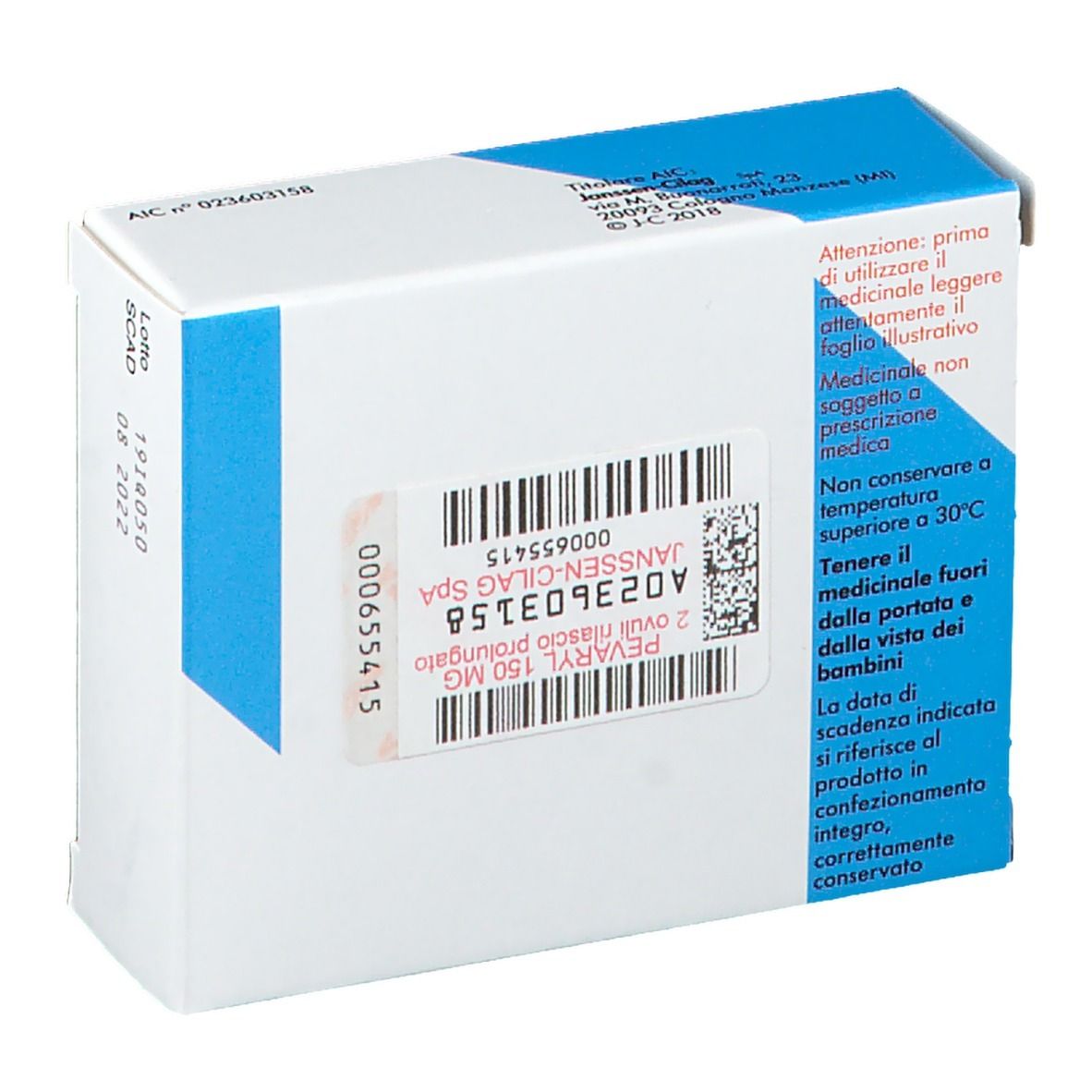 Retro di una scatola blu e bianca. Adesivo con informazioni e codice a barre. Testo: Pevaryl 150 mg ovuli a rilascio prolungato.
