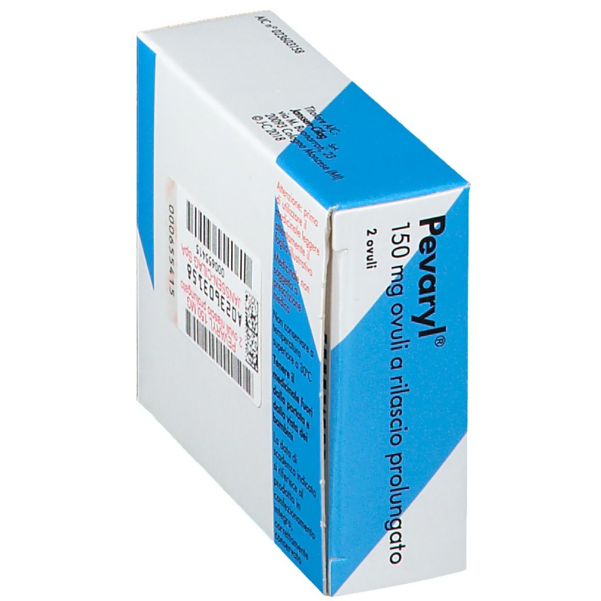 Scatola blu e bianca con nome del prodotto e informazioni. Scritto: Pevaryl 150 mg ovuli a rilascio prolungato, 2 ovuli.