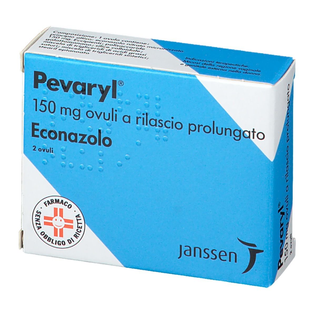 Scatola blu e bianca con nome del prodotto e informazioni. Scritto: Pevaryl 150 mg ovuli a rilascio prolungato, 2 ovuli, Econazolo.