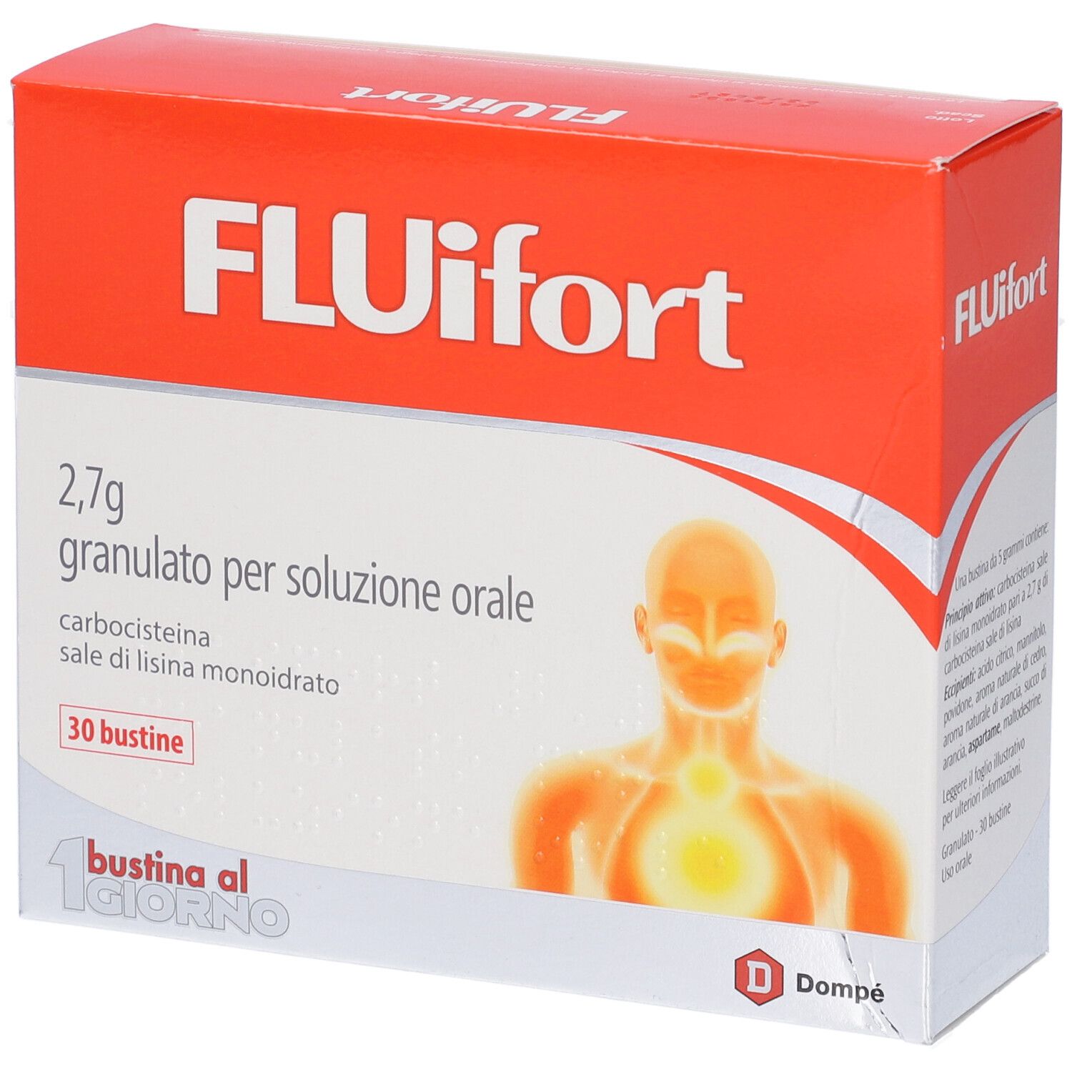 Confezione di Fluifort 2,7 g granulato per soluzione orale. Scatola rossa e bianca con informazioni e illustrazione.