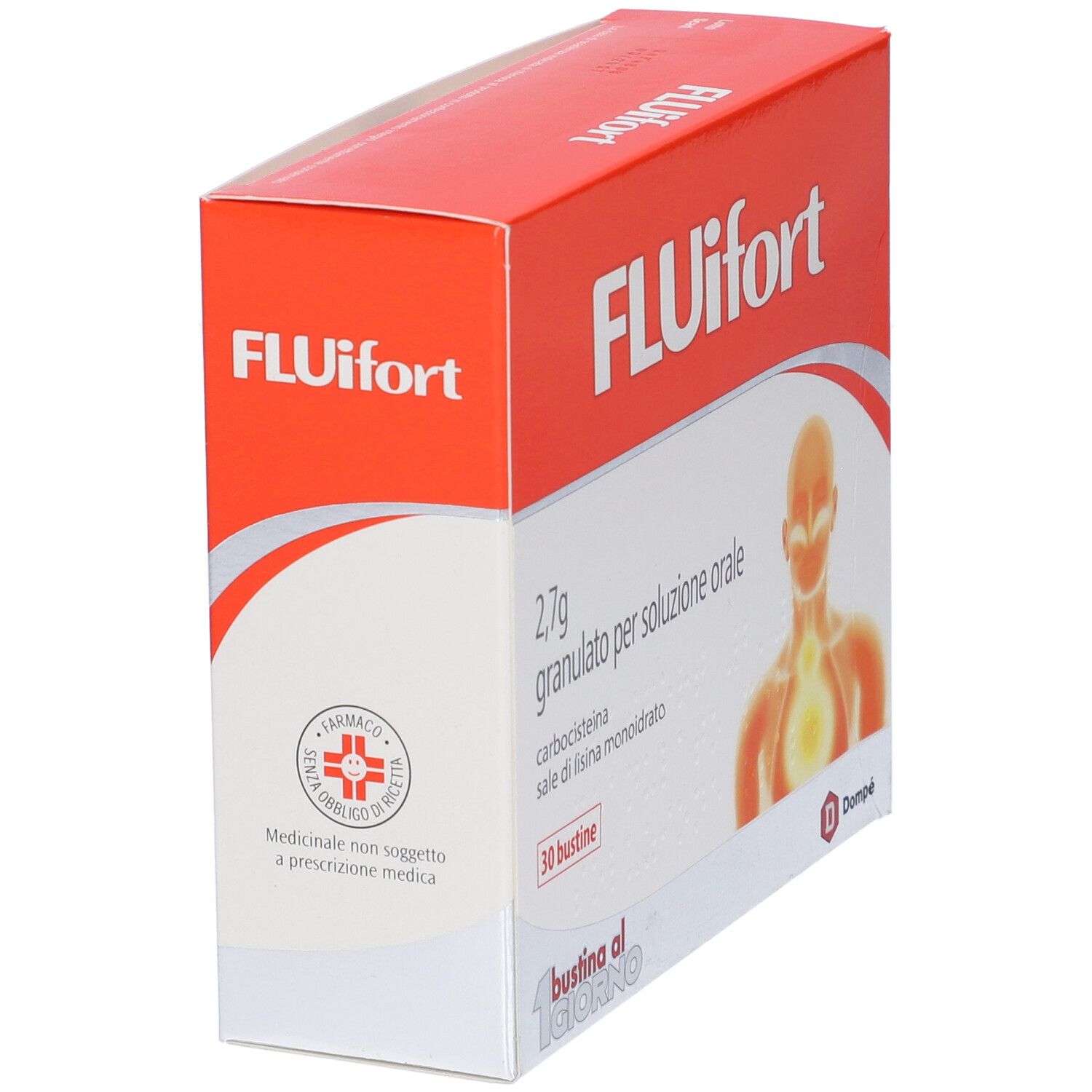 Vista angolata della confezione Fluifort. Scatola rossa e bianca con nome del prodotto e informazioni. Logo farmacia.