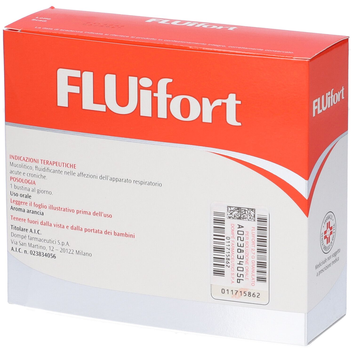 Retro della confezione Fluifort. Scatola rossa e bianca con informazioni sul prodotto, testo e codice a barre.