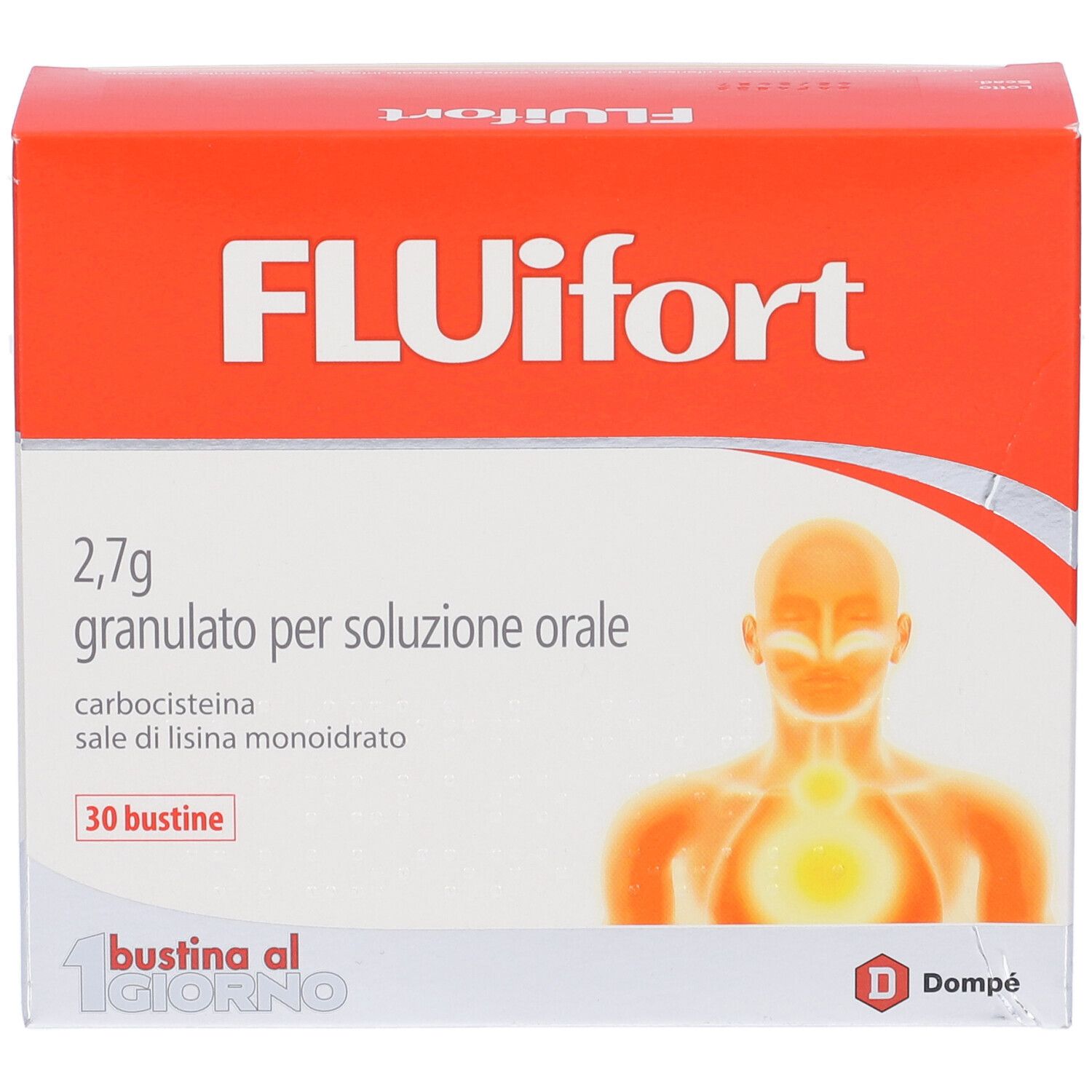Confezione Fluifort. Scatola rossa e bianca con nome del prodotto, informazioni e illustrazione di una persona.