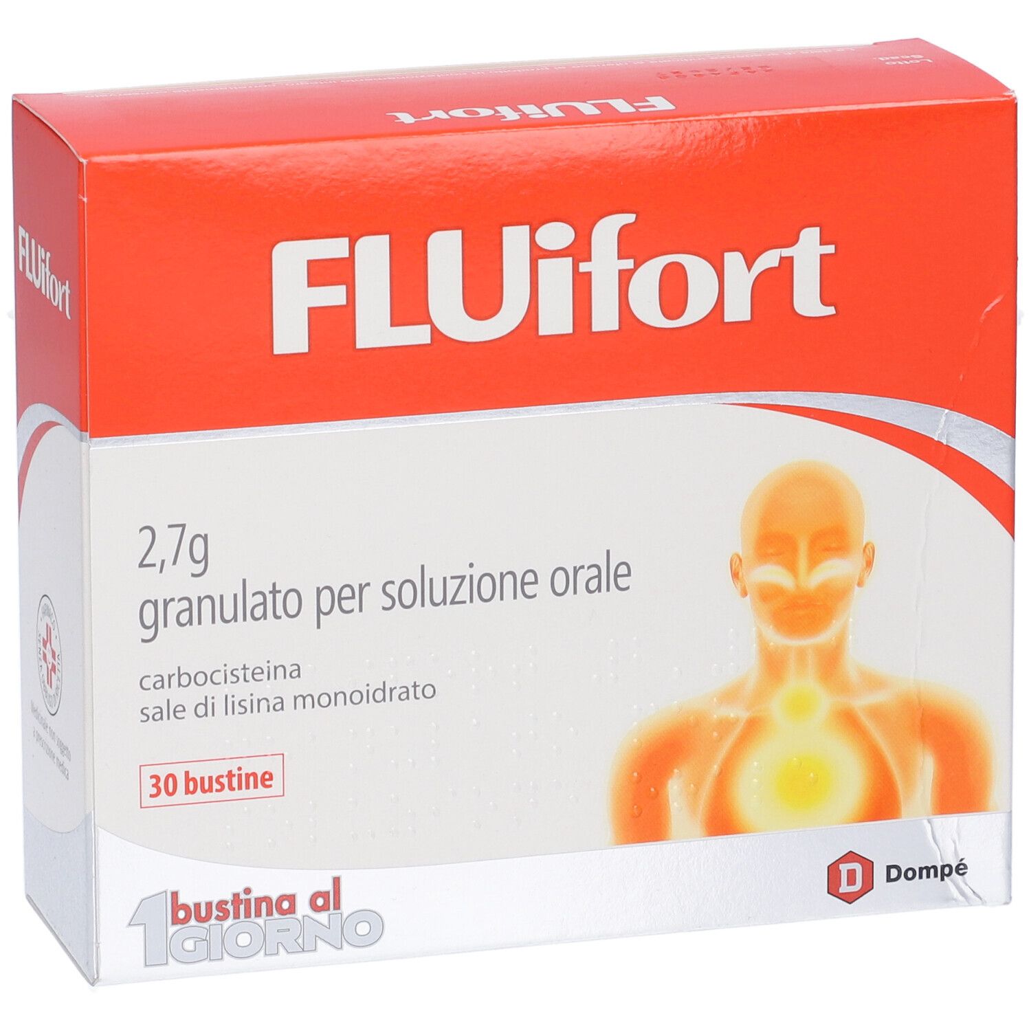 Confezione Fluifort. Scatola rossa e bianca con nome del prodotto, informazioni e illustrazione di una persona.