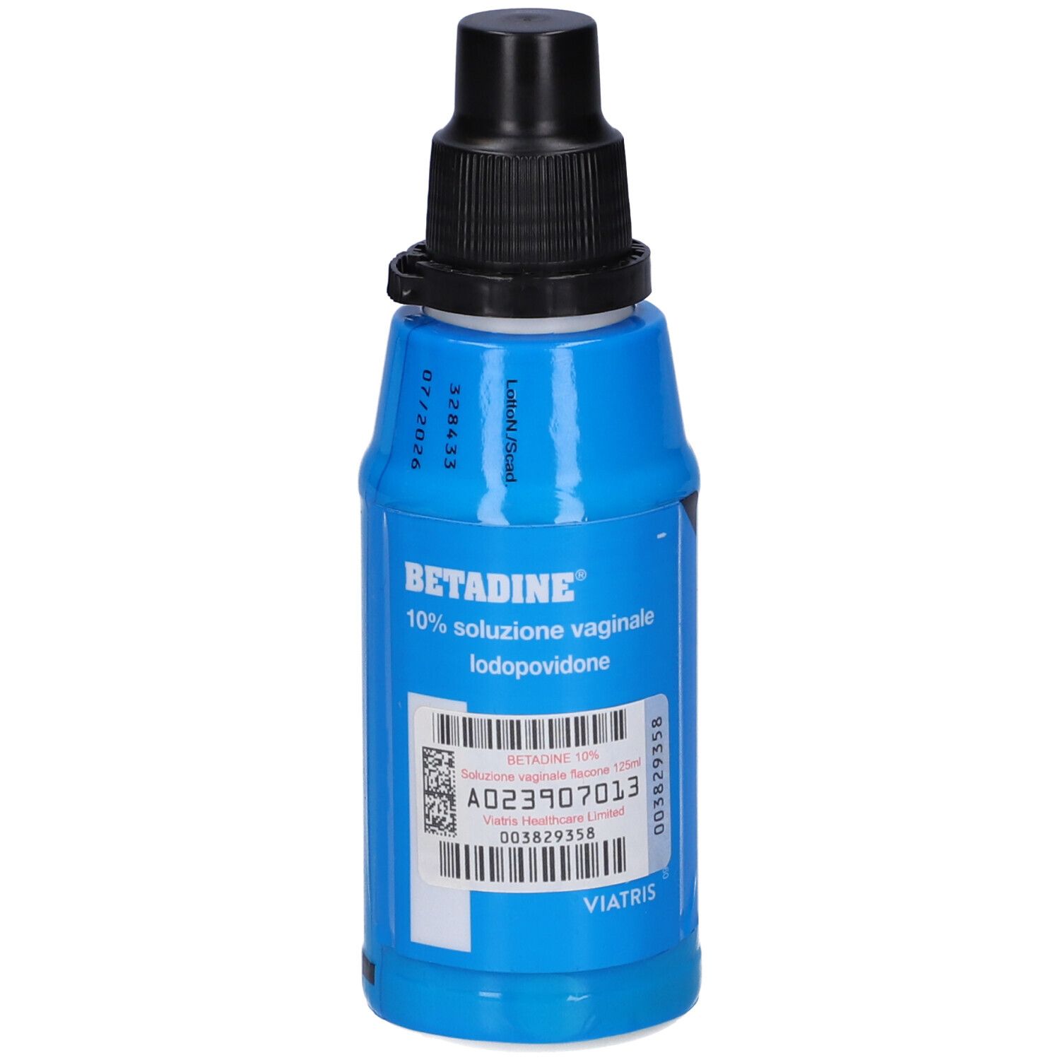 Flacone blu con tappo nero. Scritta: Betadine 10% soluzione vaginale. Etichetta con codice a barre e numero di lotto.
