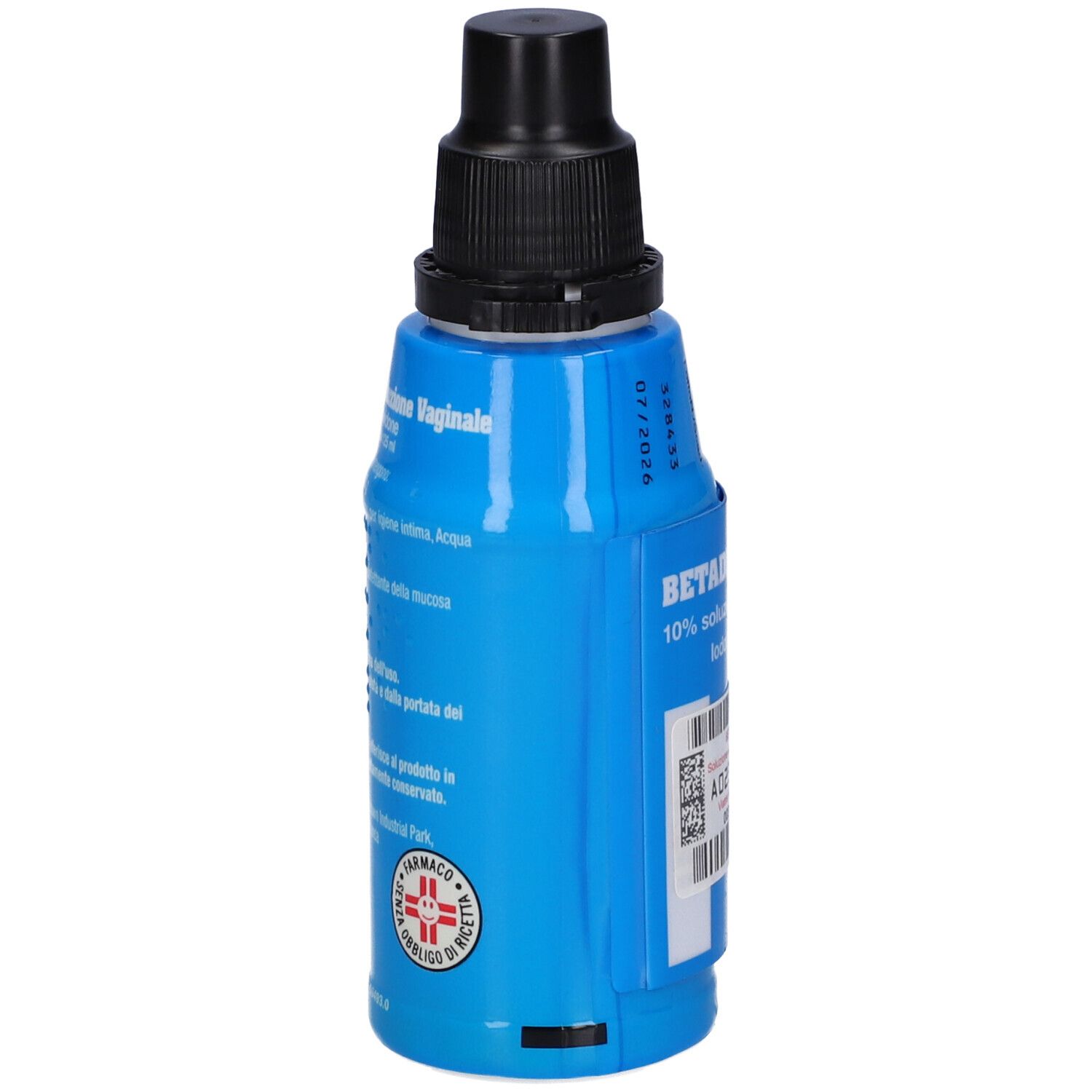 Flacone blu con tappo nero. Scritta: Betadine 10% soluzione vaginale. Testo su ingredienti e uso.