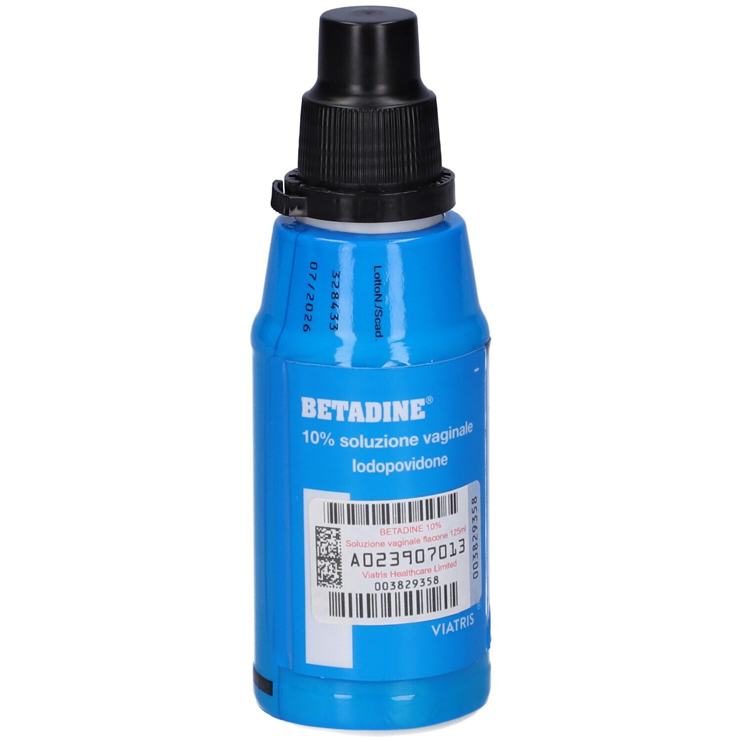 Flacone blu con tappo nero. Scritta: Betadine 10% soluzione vaginale. Etichetta con codice a barre e numero di lotto.