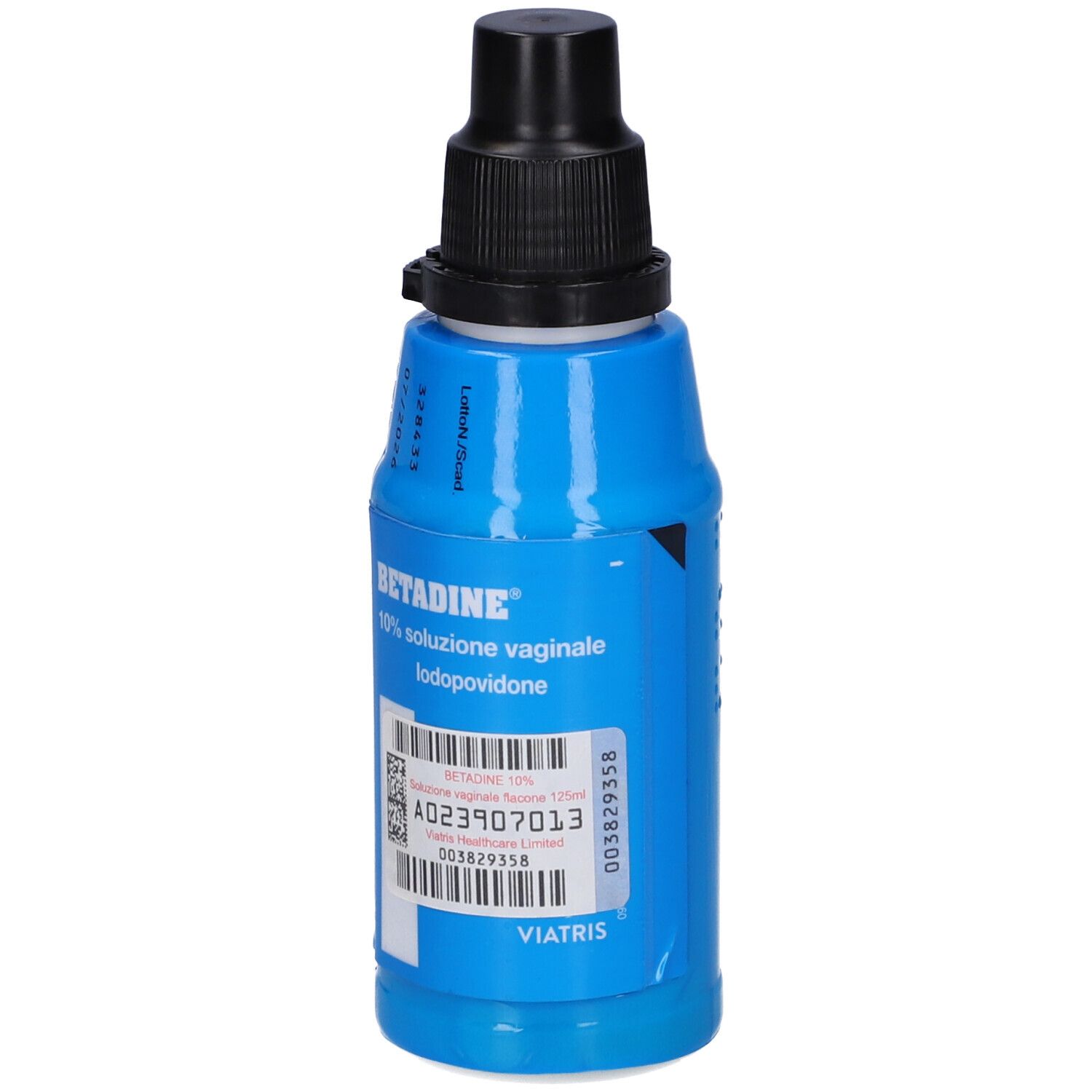 Flacone blu con tappo nero. Scritta: Betadine 10% soluzione vaginale. Etichetta con codice a barre e numero di lotto.