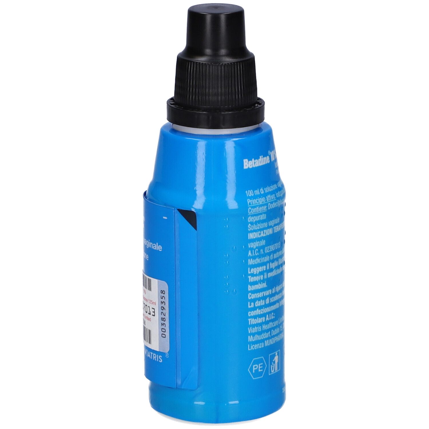 Flacone blu con tappo nero. Scritta: Betadine 10% soluzione vaginale. Testo ed etichetta con codice a barre.