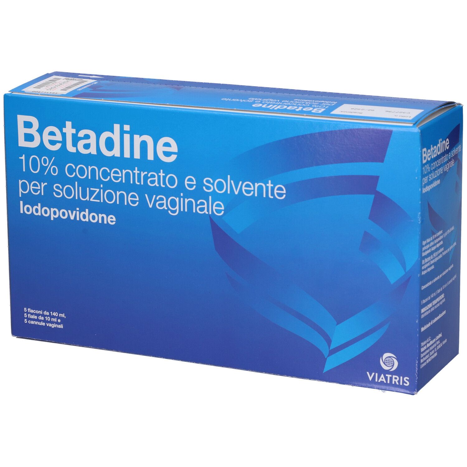 Scatola blu con 'Betadine 10% concentrato e solvente per soluzione vaginale'. Logo Viatris.