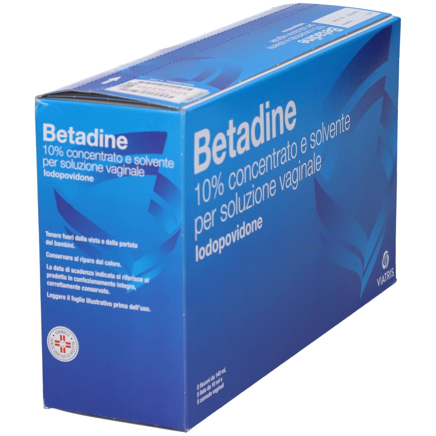 Scatola blu con 'Betadine 10% concentrato e solvente per soluzione vaginale'. Logo Viatris. Testo in italiano.