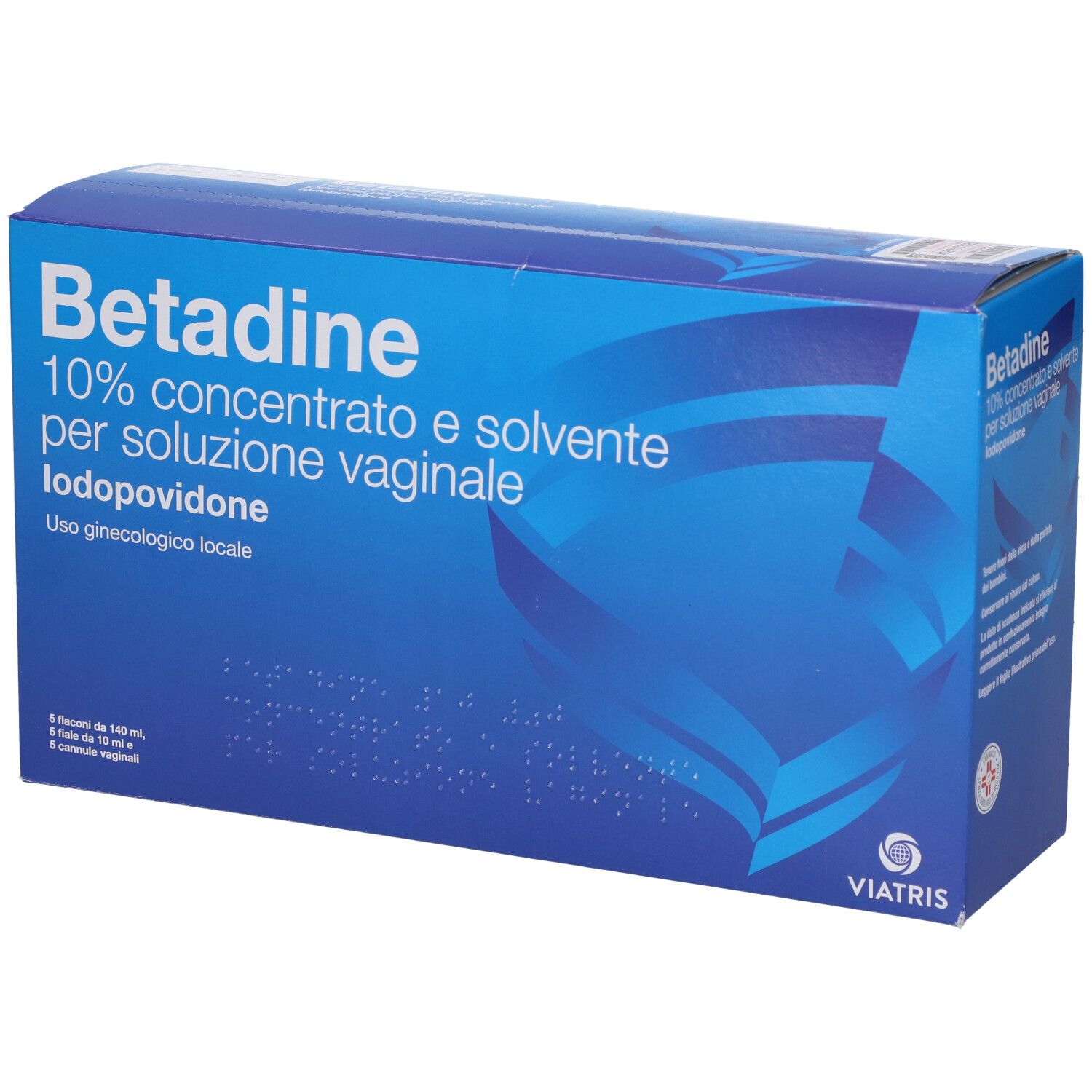 Scatola blu con 'Betadine 10% concentrato e solvente per soluzione vaginale'. Logo Viatris. Testo in italiano.