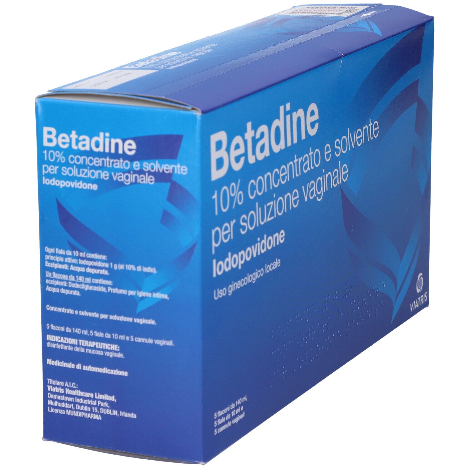Scatola blu con 'Betadine 10% concentrato e solvente per soluzione vaginale'. Logo Viatris. Testo in italiano.