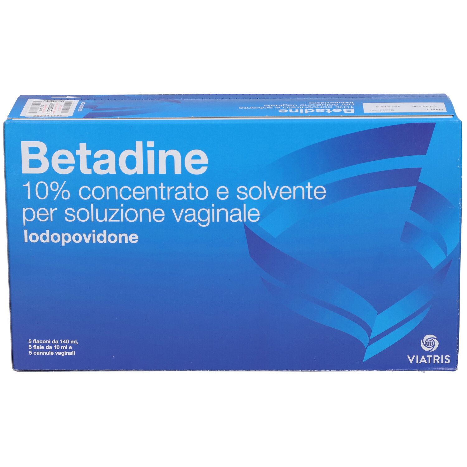 Scatola blu con 'Betadine 10% concentrato e solvente per soluzione vaginale'. Logo Viatris. Testo in italiano.