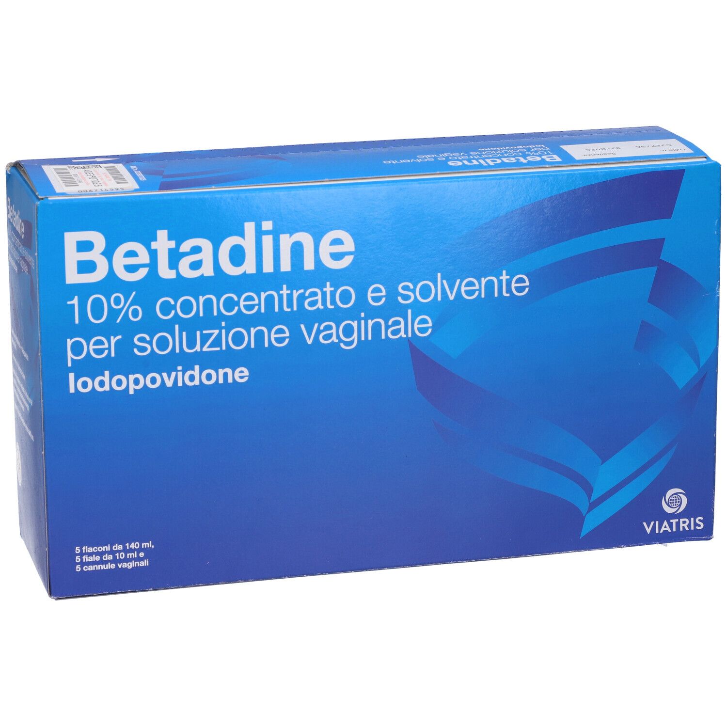 Scatola blu con 'Betadine 10% concentrato e solvente per soluzione vaginale'. Logo Viatris. Testo in italiano.