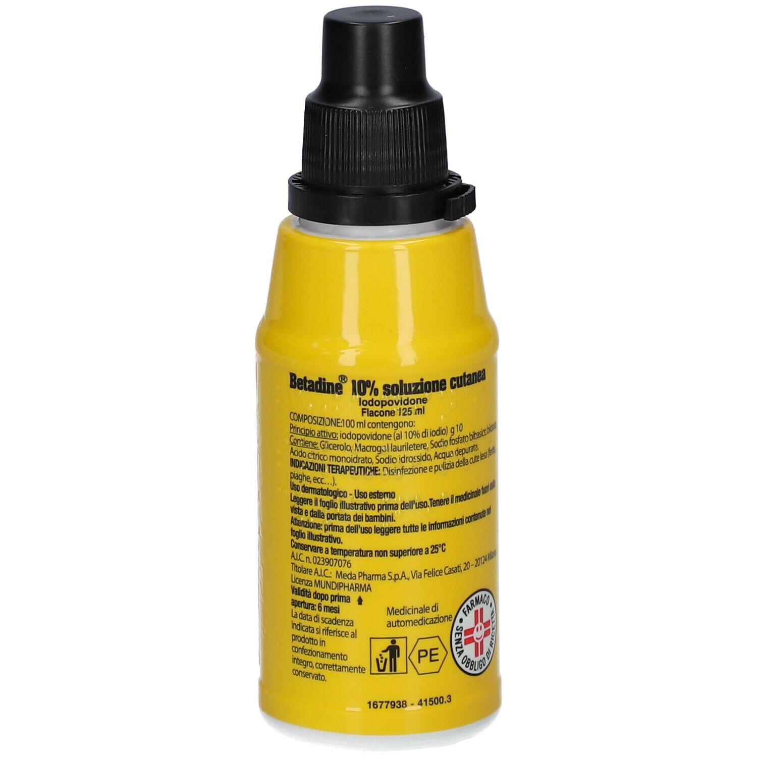Flacone giallo con tappo nero. Testo sul retro. Simbolo farmacia e numero di lotto.