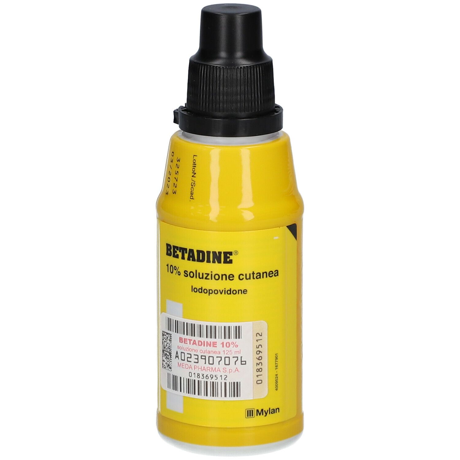 Flacone giallo con tappo nero. Scritta: Betadine 10% soluzione cutanea. Data di scadenza.