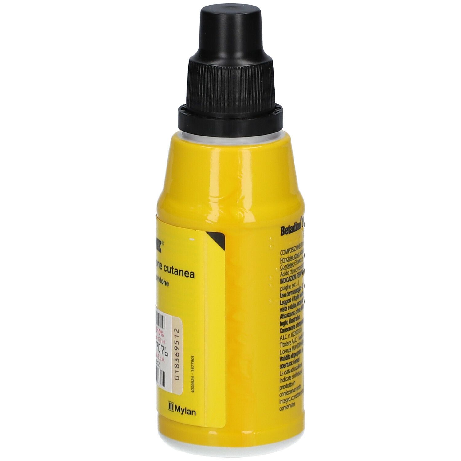 Flacone giallo con tappo nero. Testo sul retro. Logo Mylan.