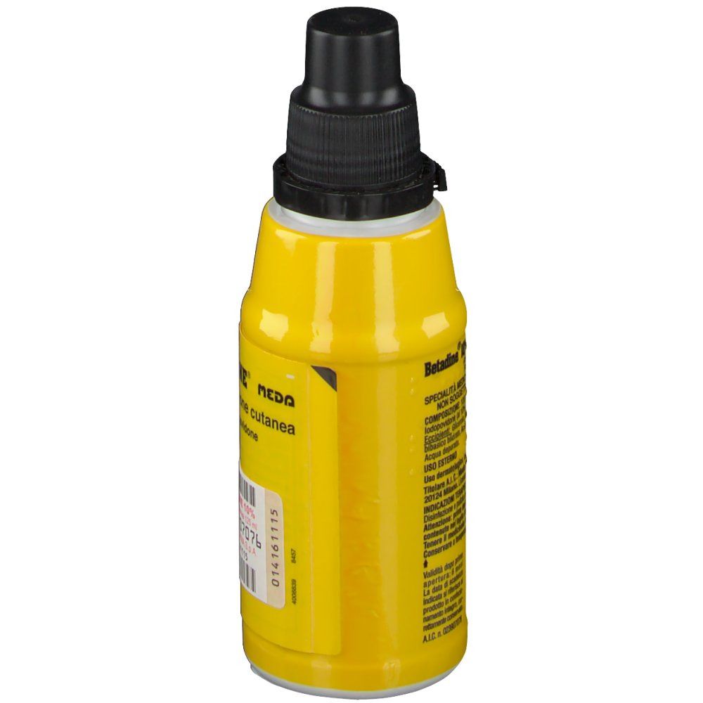 Flacone giallo con tappo nero. Scritte e testo sul retro. Codice a barre e numero di lotto.