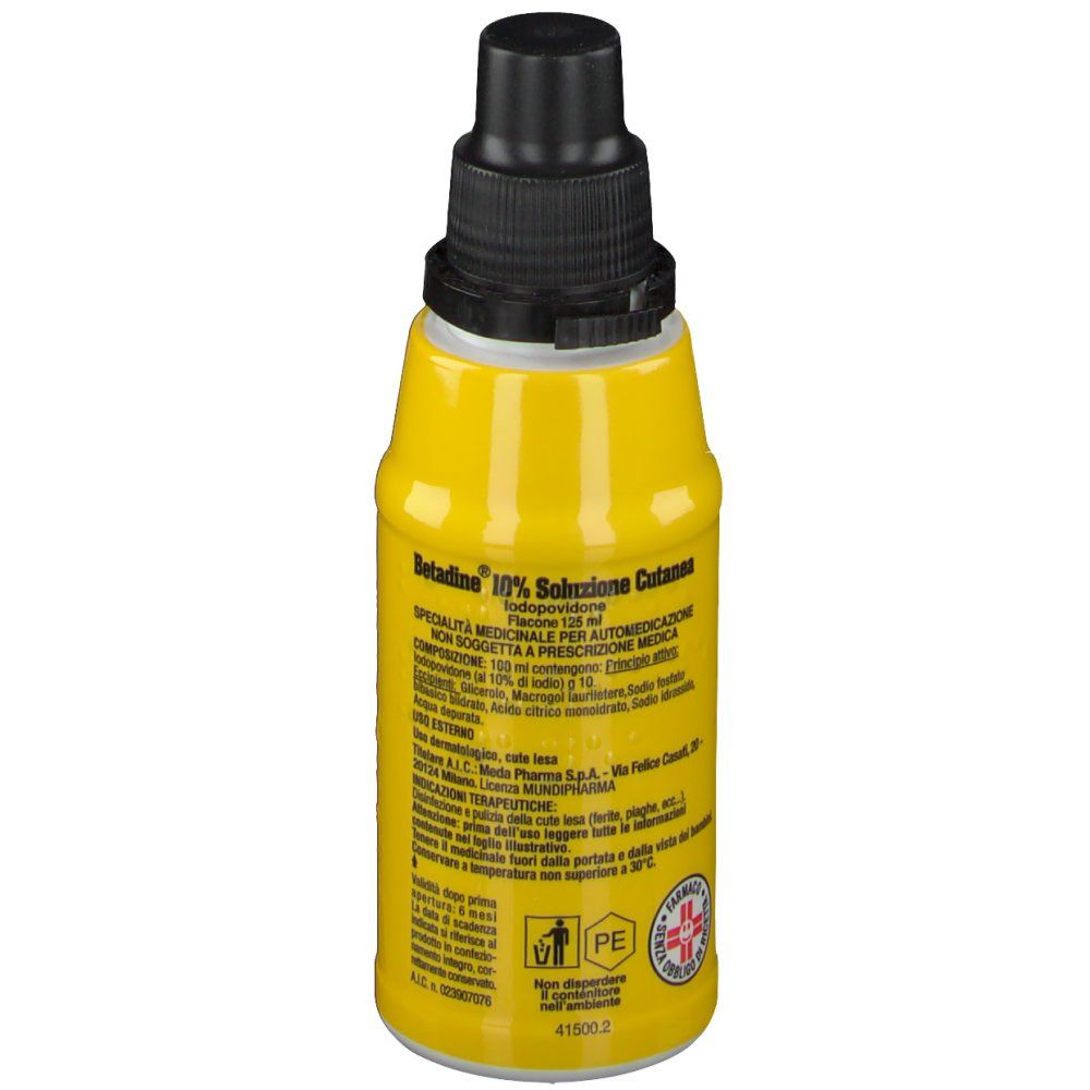 Flacone giallo con tappo nero. Testo sul retro. Marchio PE e simbolo farmacia.