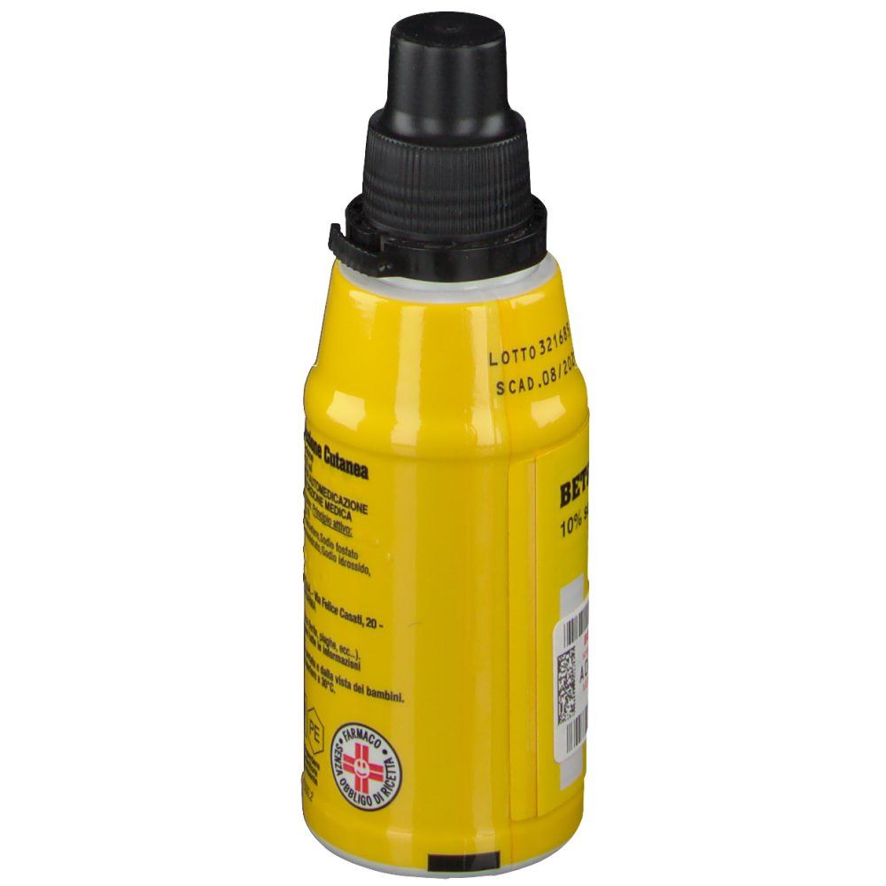 Flacone giallo con tappo nero. Testo sul retro. Simbolo farmacia e numero di lotto.