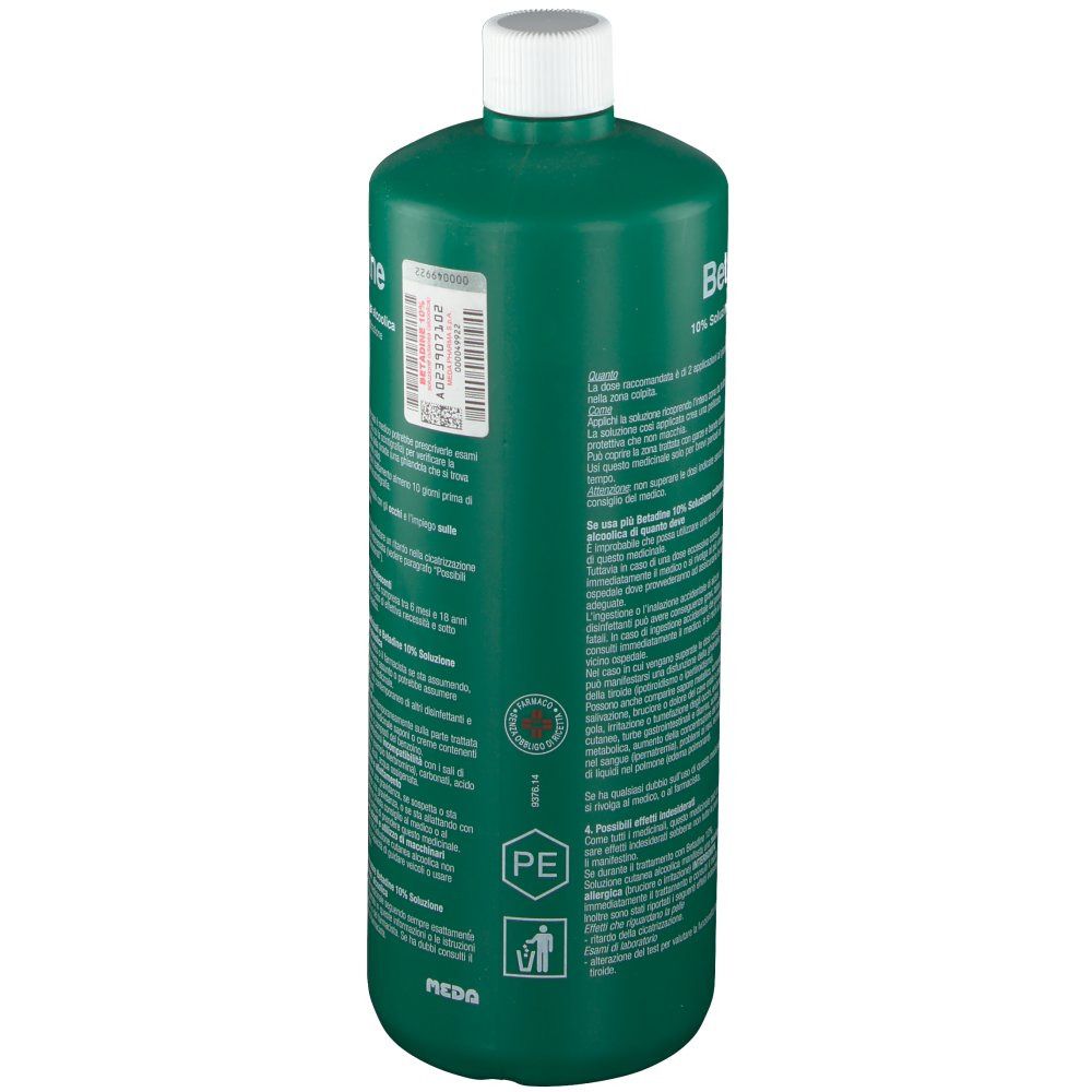 Flacone verde con tappo bianco. Scritta: Betadine 10% Soluzione cutanea alcolica. Etichetta con testo e simboli in italiano.