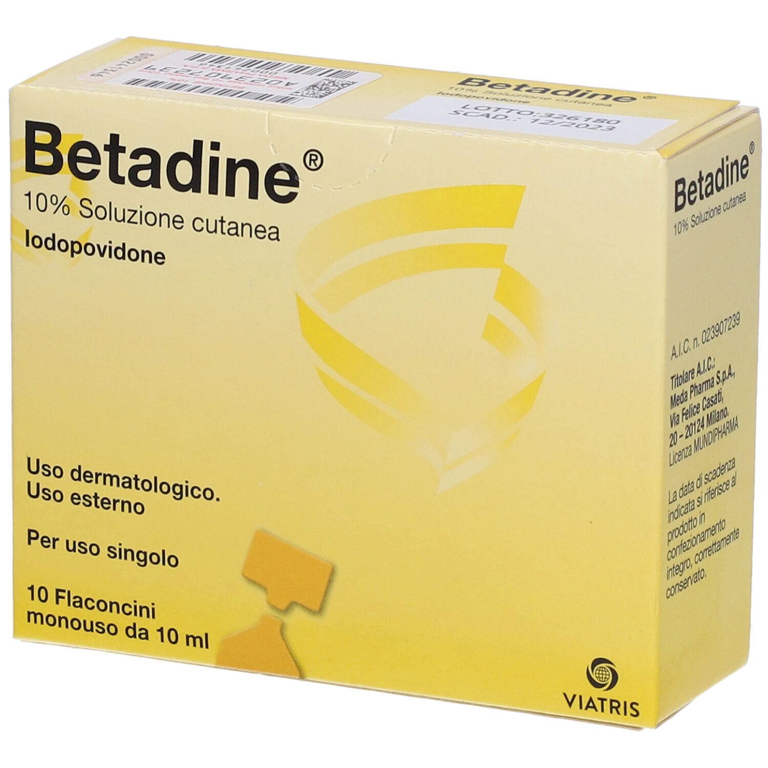 Scatola gialla Betadine® 10% Soluzione cutanea. Contiene 10 flaconcini. Logo Viatris.