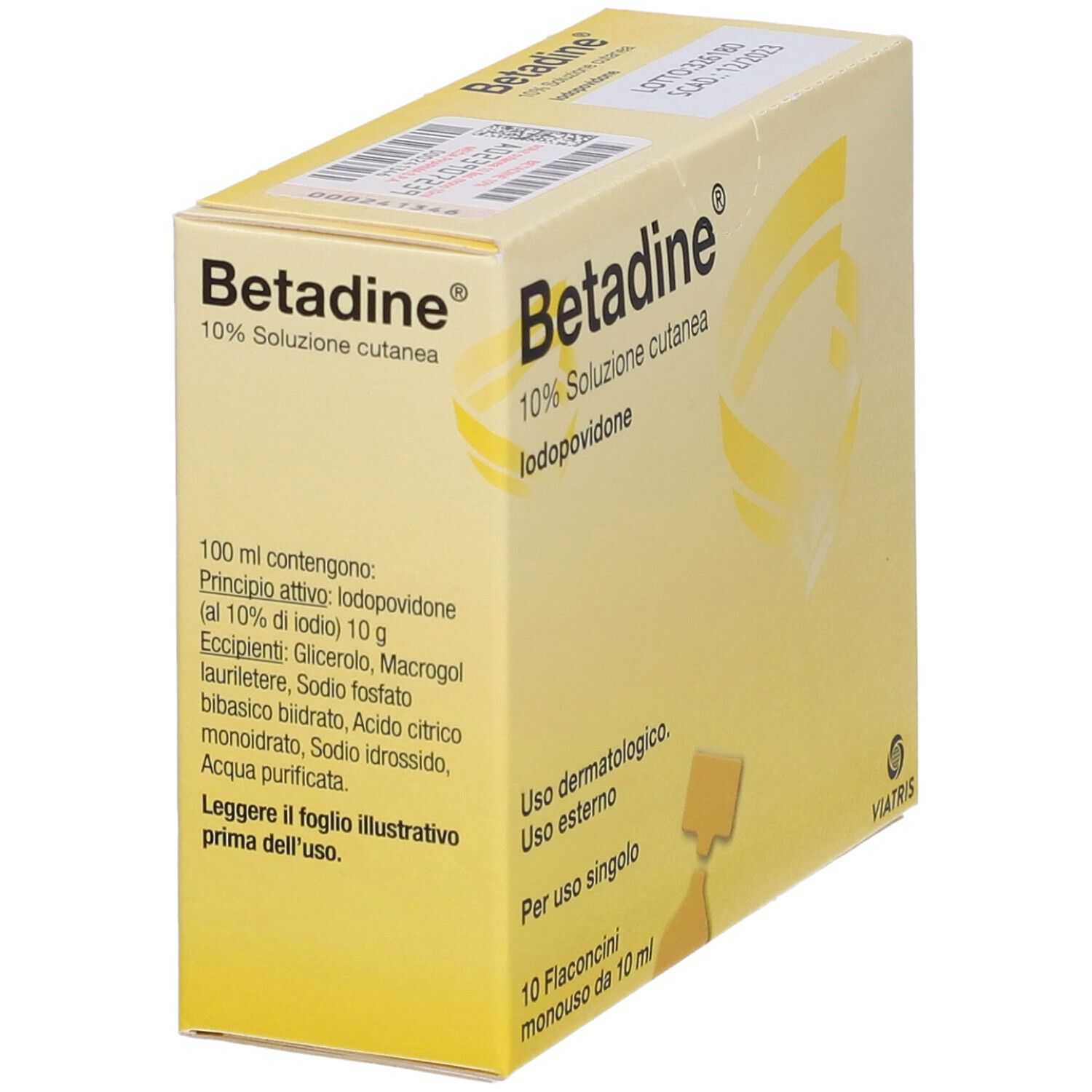 Scatola gialla Betadine® 10% Soluzione cutanea. Informazioni e ingredienti.