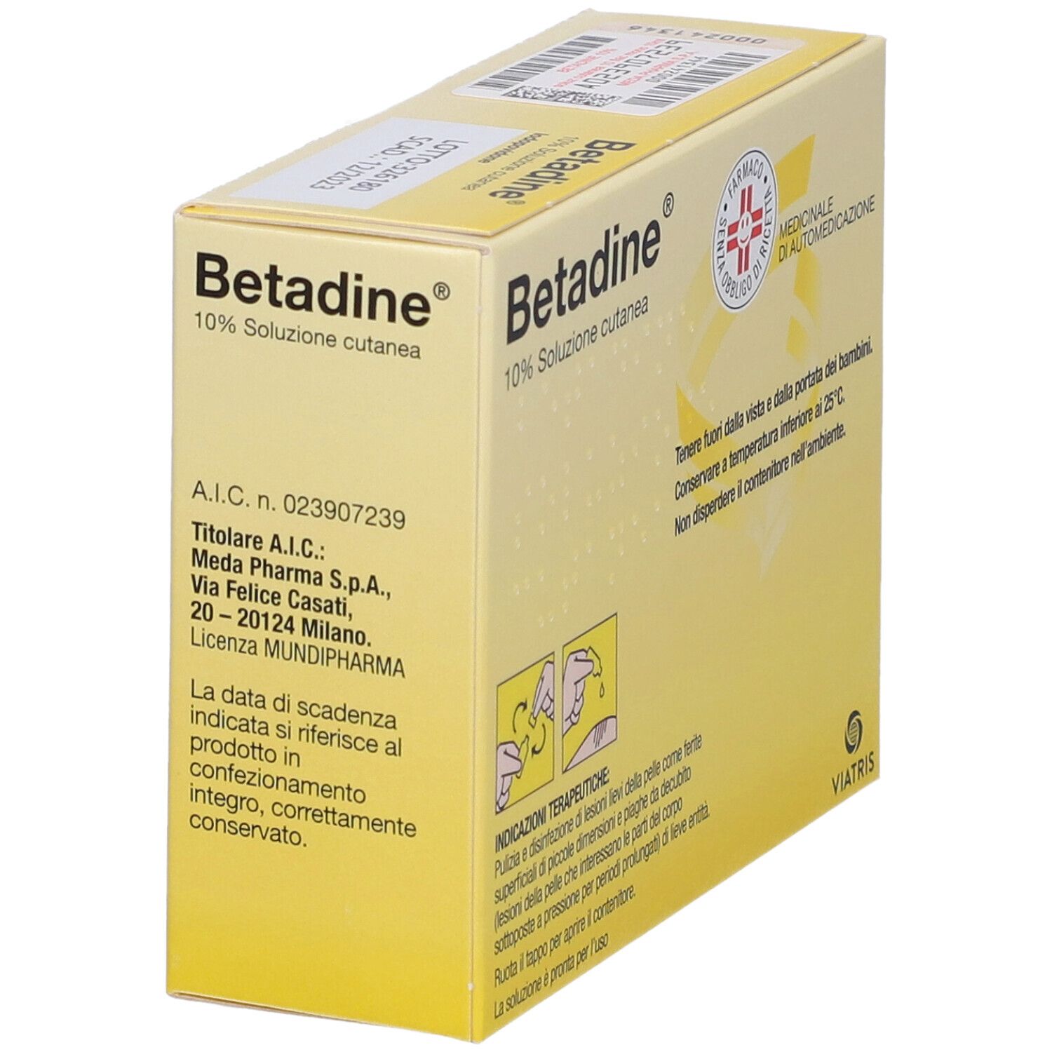 Scatola gialla Betadine® 10% Soluzione cutanea. Informazioni e indirizzo del produttore.