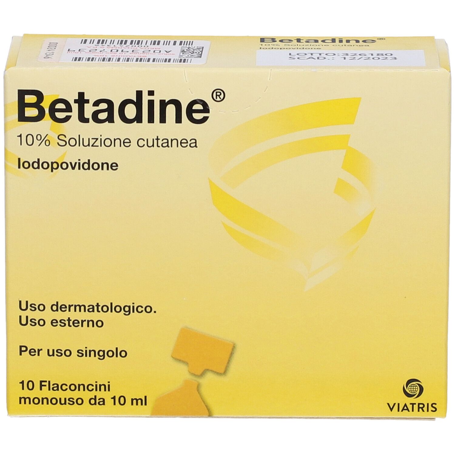 Scatola gialla Betadine® 10% Soluzione cutanea. Informazioni e logo Viatris.