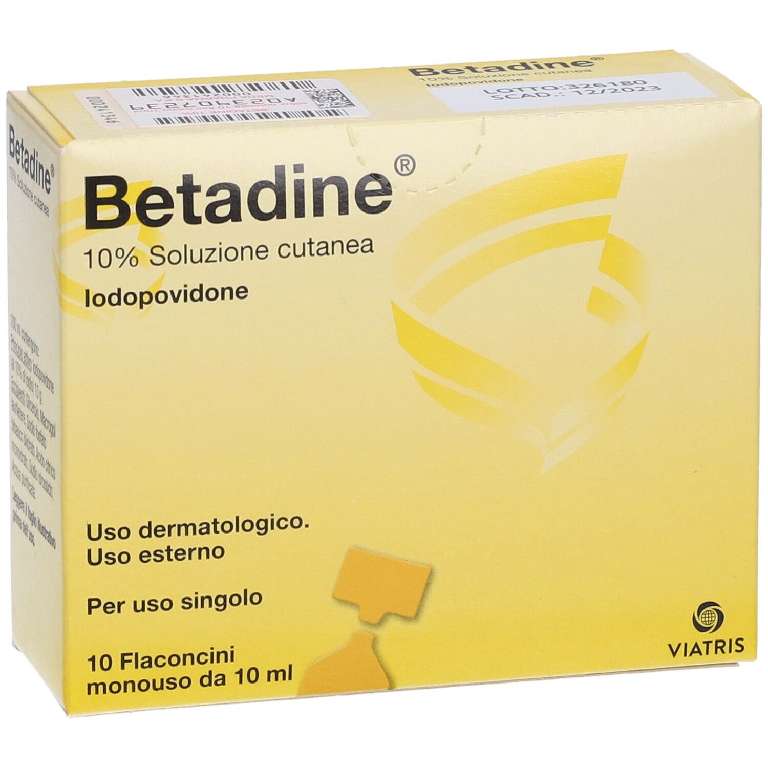 Scatola gialla Betadine® 10% Soluzione cutanea. Informazioni e logo Viatris.