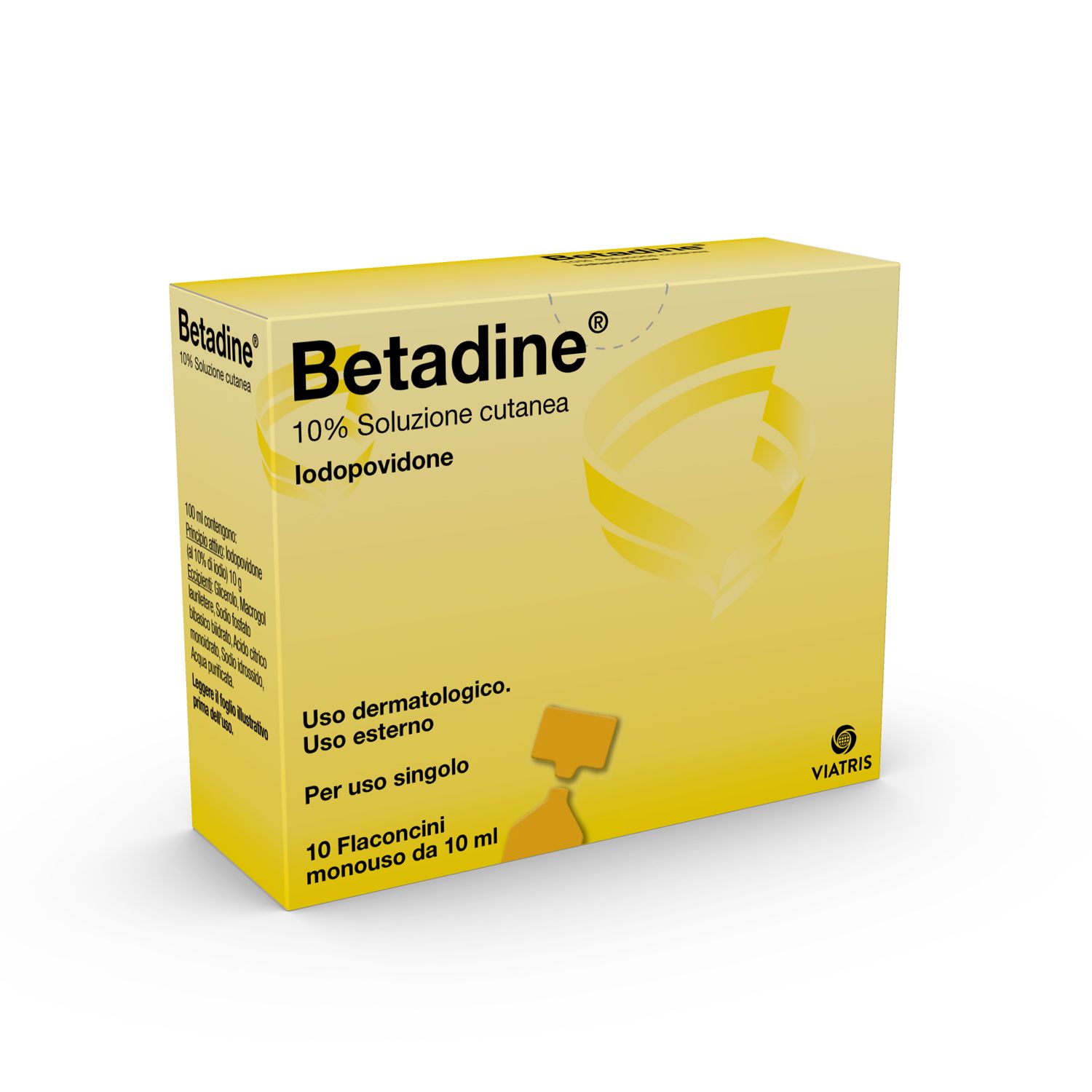 Scatola gialla Betadine® 10% Soluzione cutanea. Contiene 10 flaconcini. Logo Viatris.