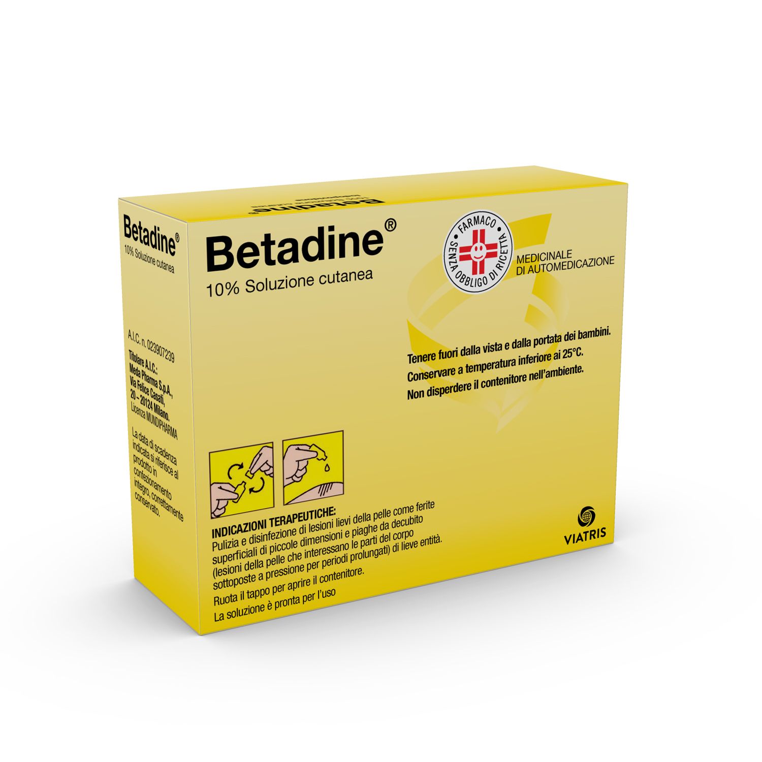 Scatola gialla Betadine® 10% Soluzione cutanea. Contiene 10 flaconcini. Loghi.