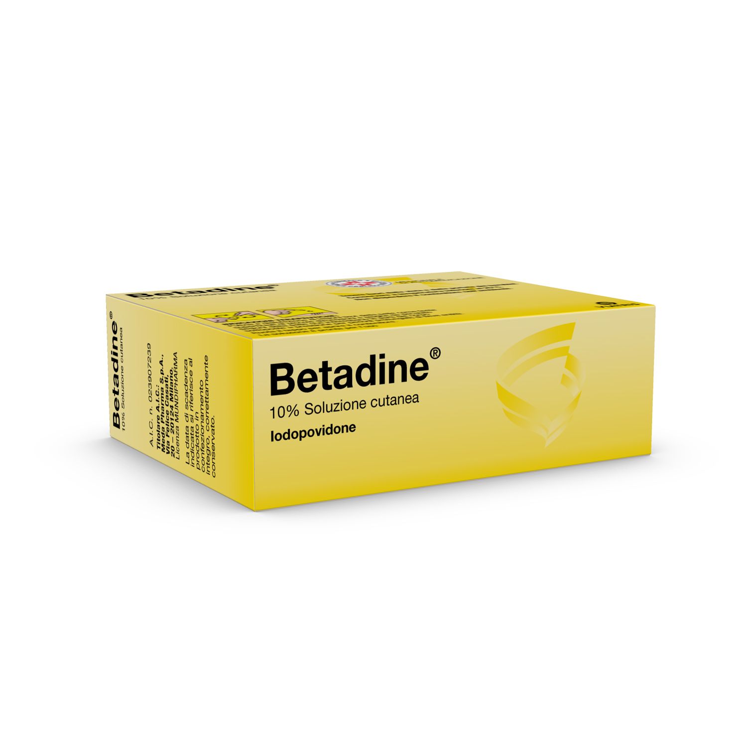 Scatola gialla Betadine® 10% Soluzione cutanea. Informazioni sulla confezione.