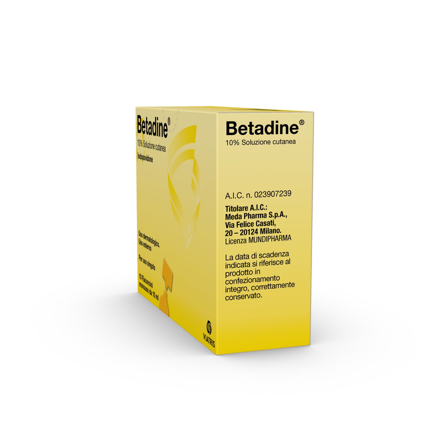 Scatola gialla Betadine® 10% Soluzione cutanea. Informazioni e indirizzo del produttore.