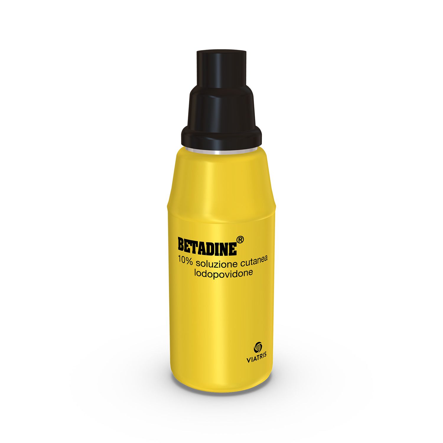 Flacone giallo con tappo nero. Scritta: Betadine 10% soluzione cutanea iodopovidone.