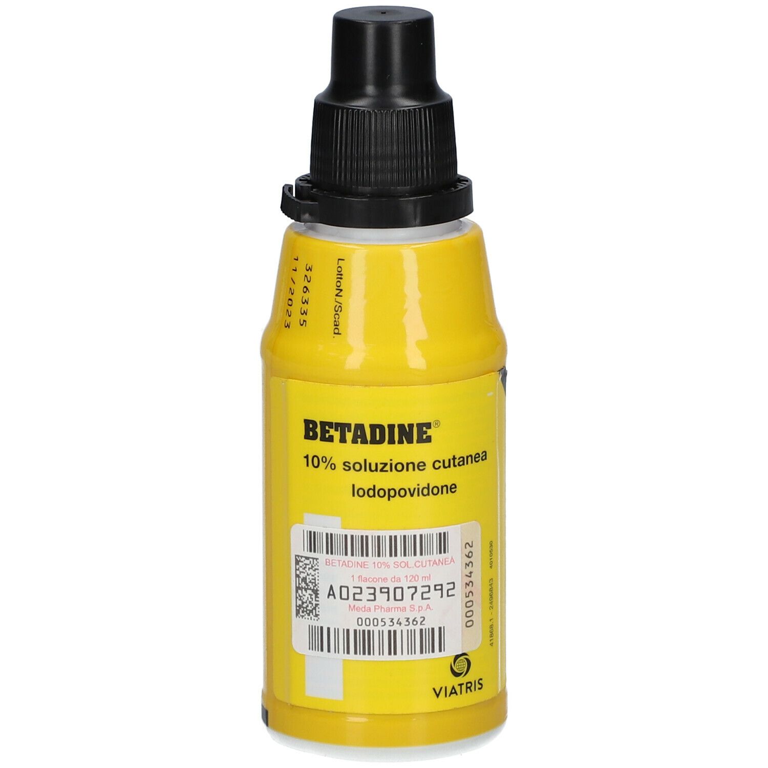 Flacone giallo con tappo nero. Scritta: Betadine 10% soluzione cutanea iodopovidone. Etichetta.