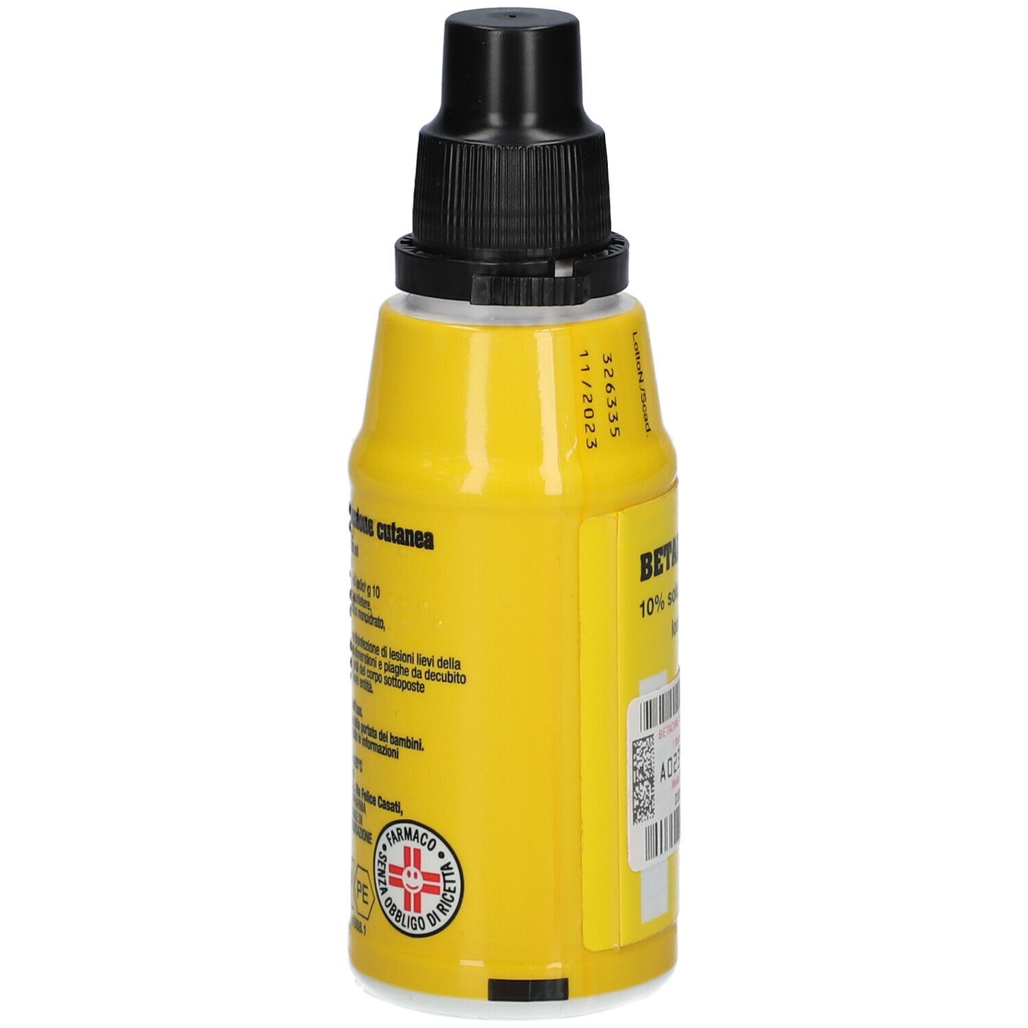 Flacone giallo con tappo nero. Retro con testo. Scritta: Betadine 10% soluzione cutanea.