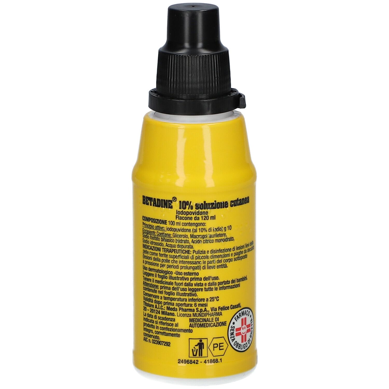 Flacone giallo con tappo nero. Retro con testo. Scritta: Betadine 10% soluzione cutanea.