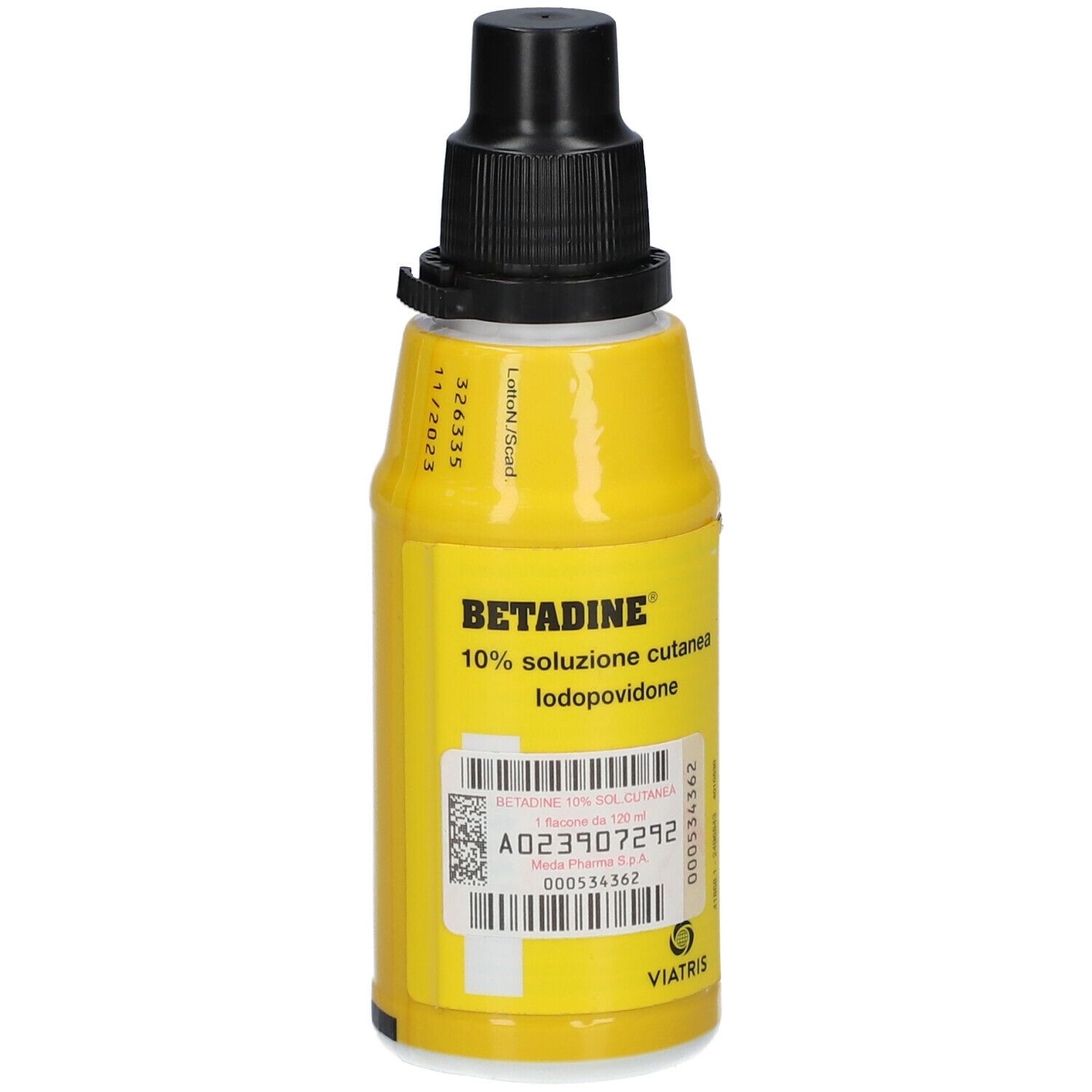 Flacone giallo con tappo nero. Scritta: Betadine 10% soluzione cutanea iodopovidone. Etichetta.