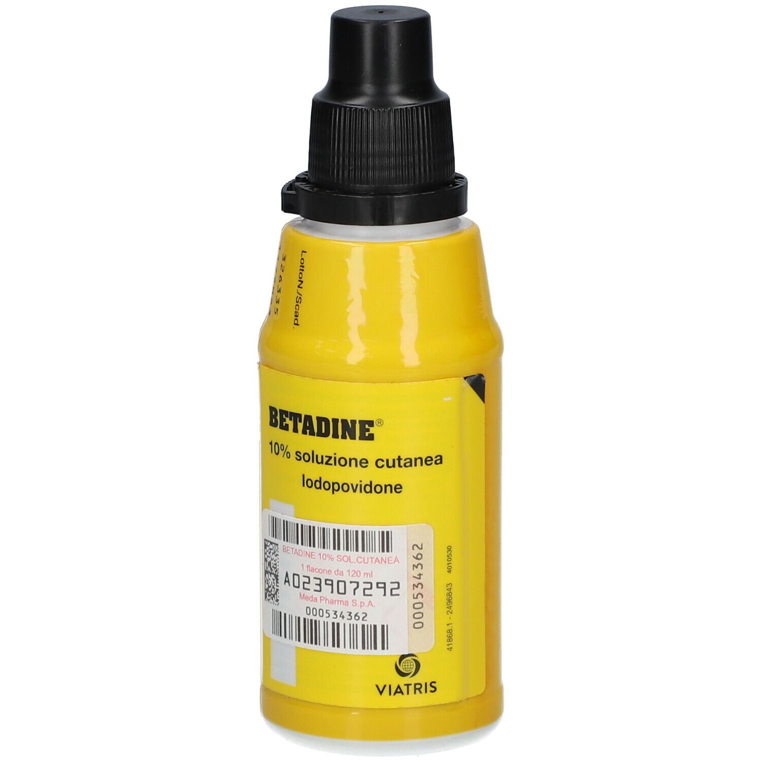 Flacone giallo con tappo nero. Scritta: Betadine 10% soluzione cutanea iodopovidone. Etichetta.