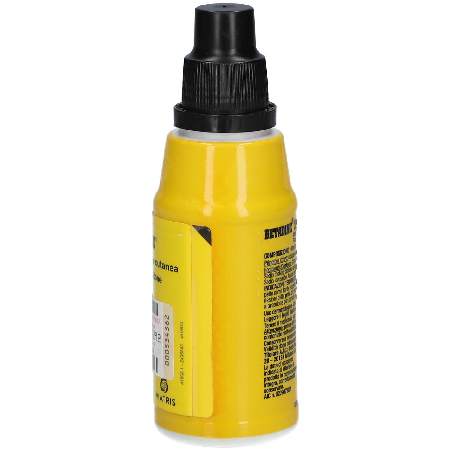 Flacone giallo con tappo nero. Retro con testo. Scritta: Betadine 10% soluzione cutanea.