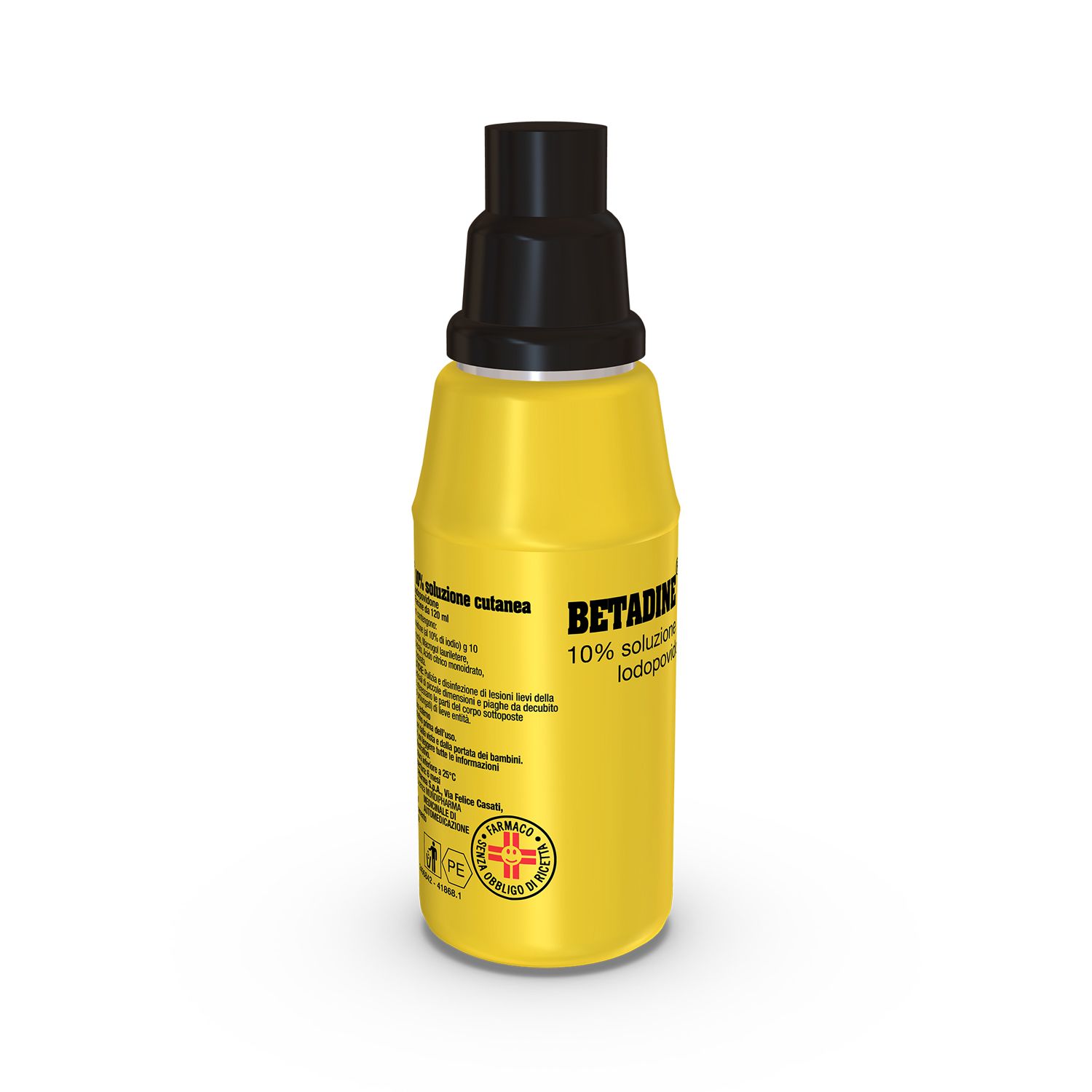 Flacone giallo con tappo nero. Retro con testo e logo. Scritta: Betadine 10% soluzione cutanea.