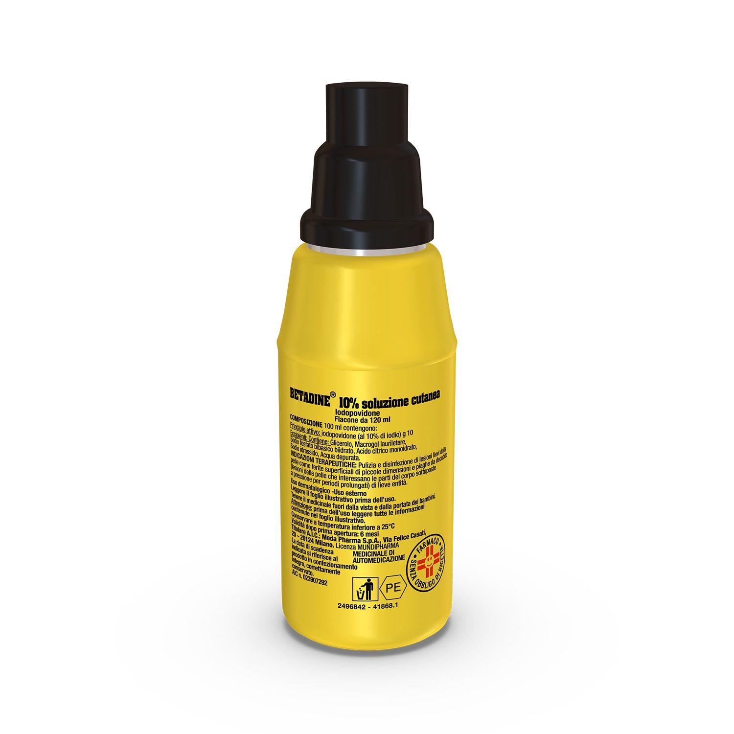 Flacone giallo con tappo nero. Retro con testo. Scritta: Betadine 10% soluzione cutanea.